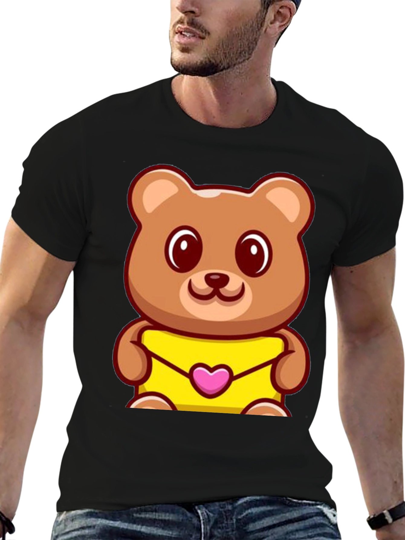 Cute Teddy Bear Holding Heart Envelope Black T-Shirt
