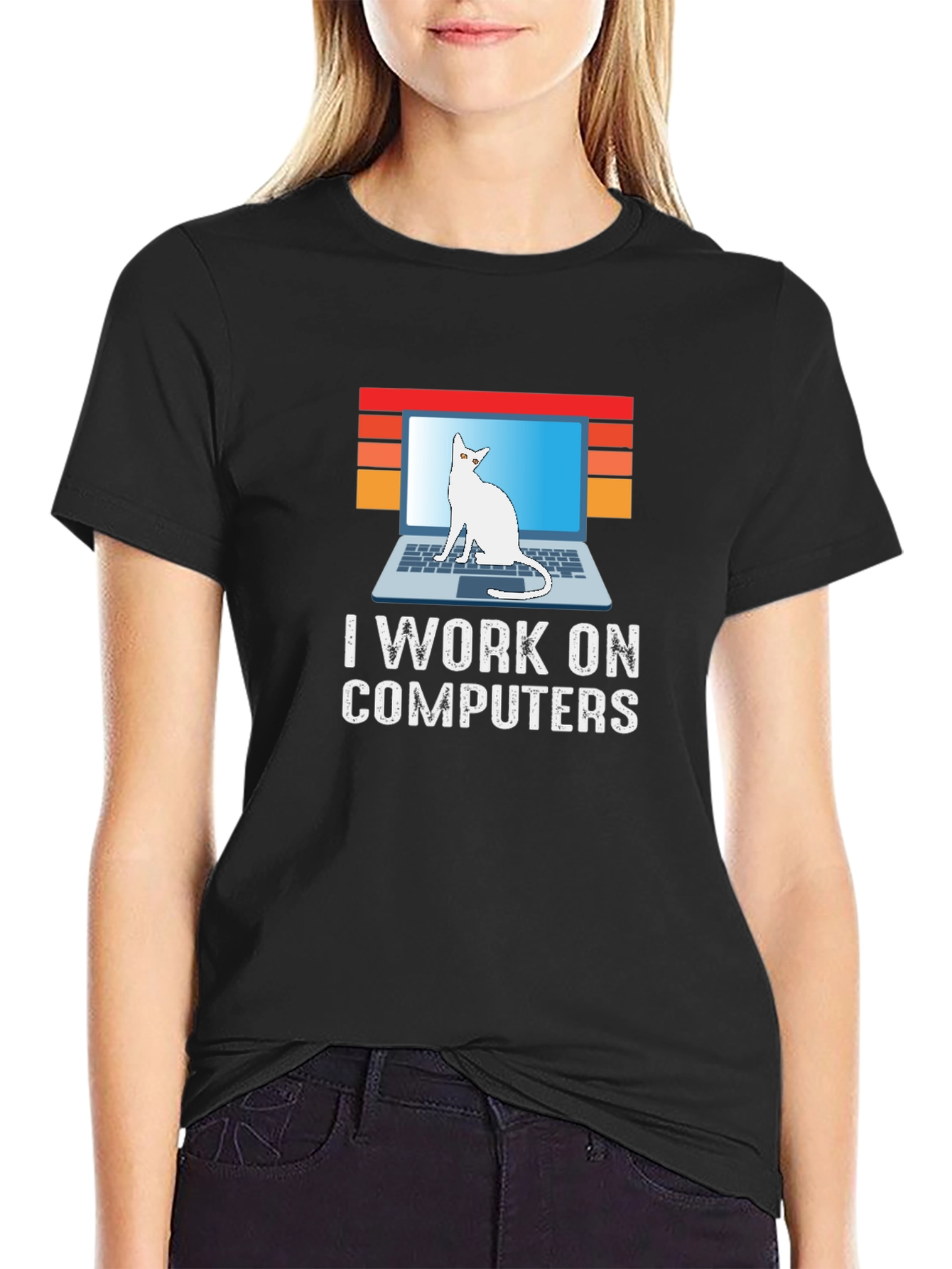 I Work On Computers Cat Laptop Graphic Tee