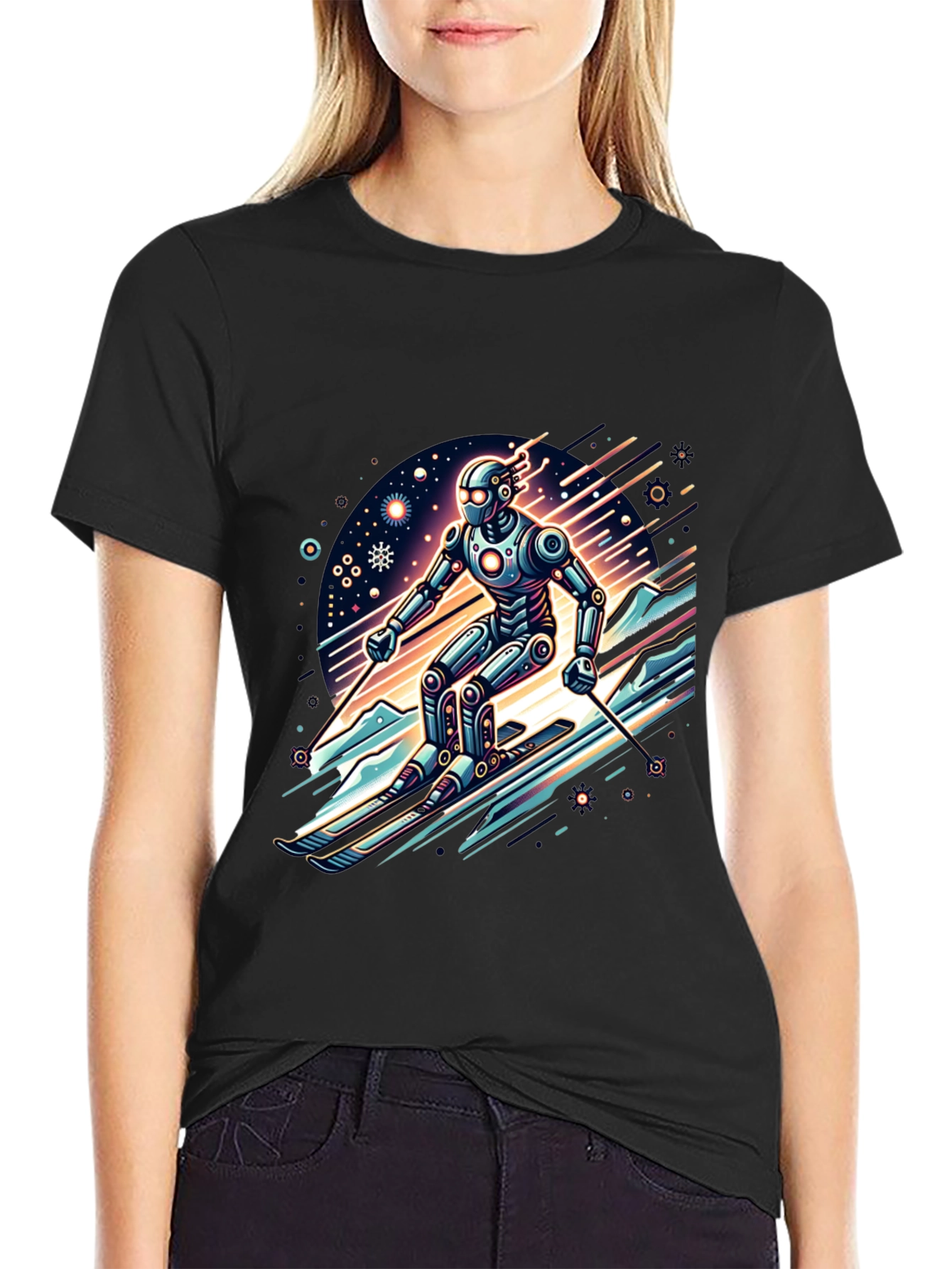 Robot Skier Graphic Tee - Cool Sci-Fi Design