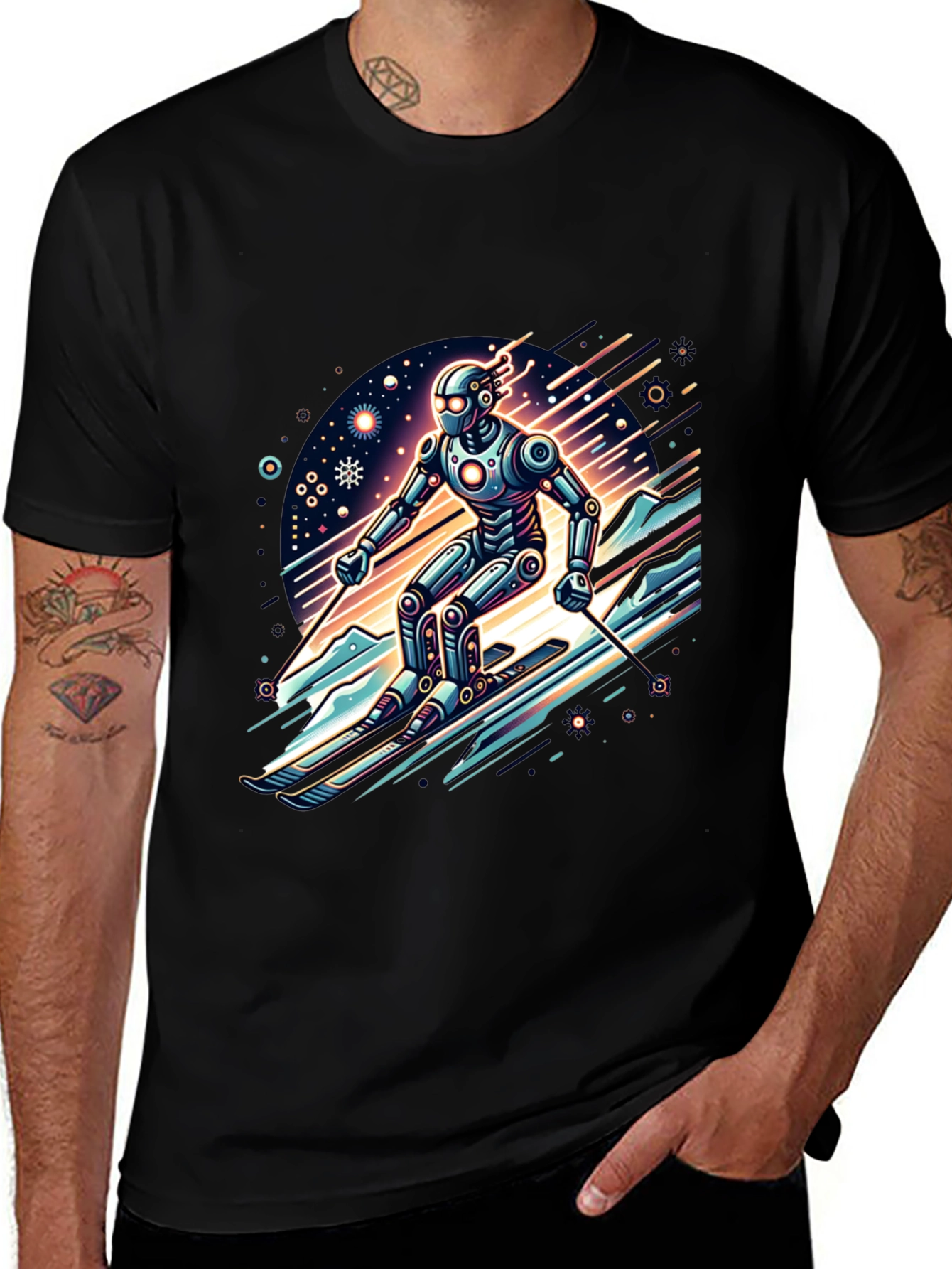 Robot Skier Graphic Tee - Cool Sci-Fi Design