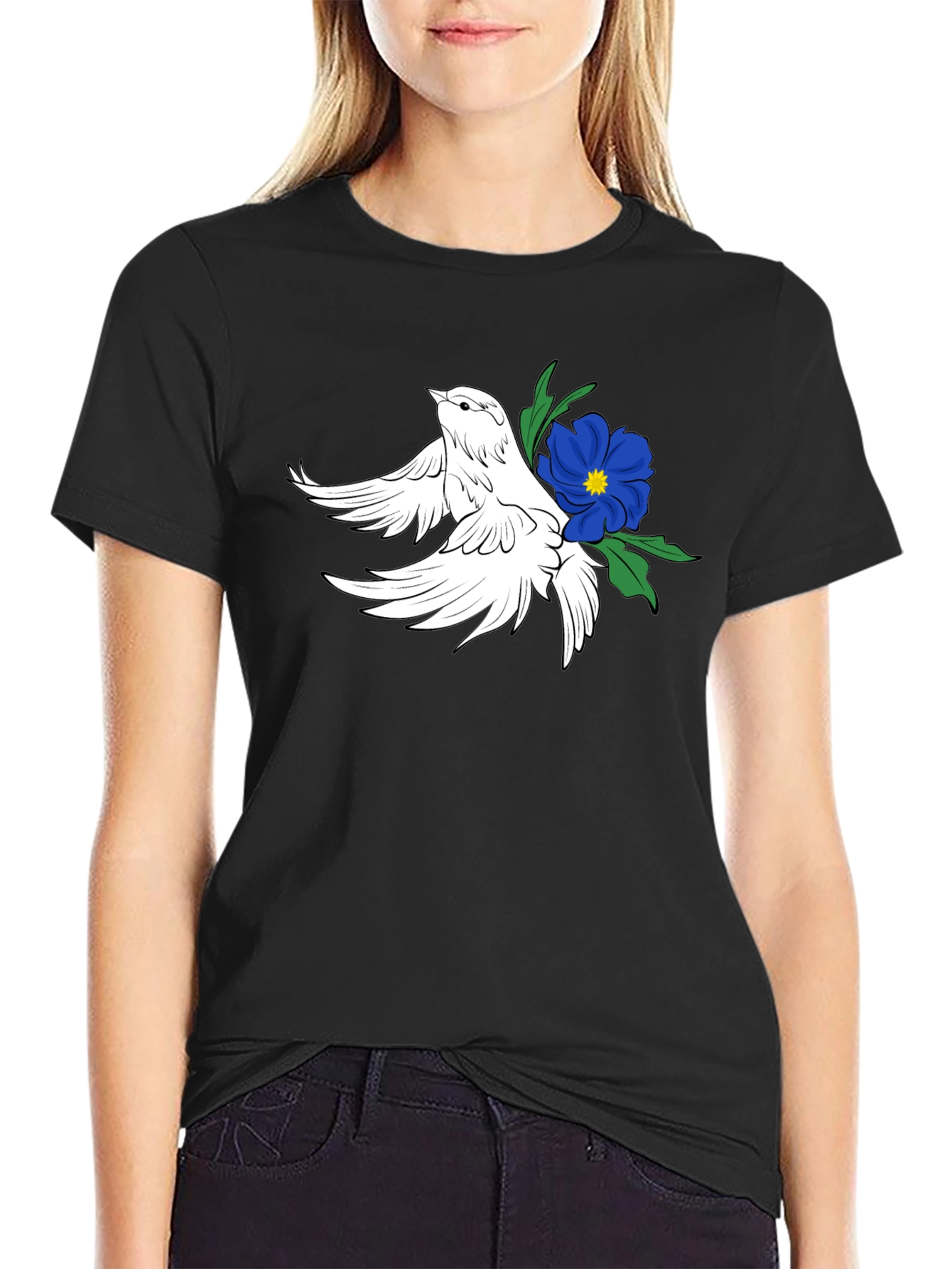 Dove & Flower Graphic Black T-Shirt
