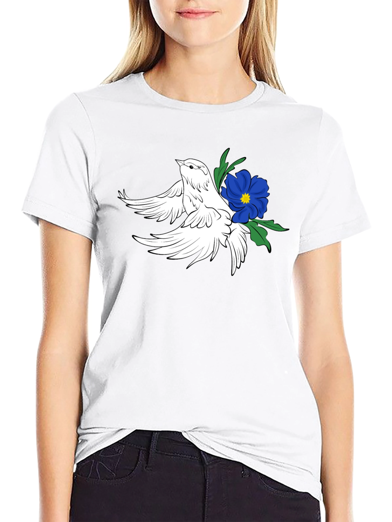 Dove & Flower Graphic Black T-Shirt