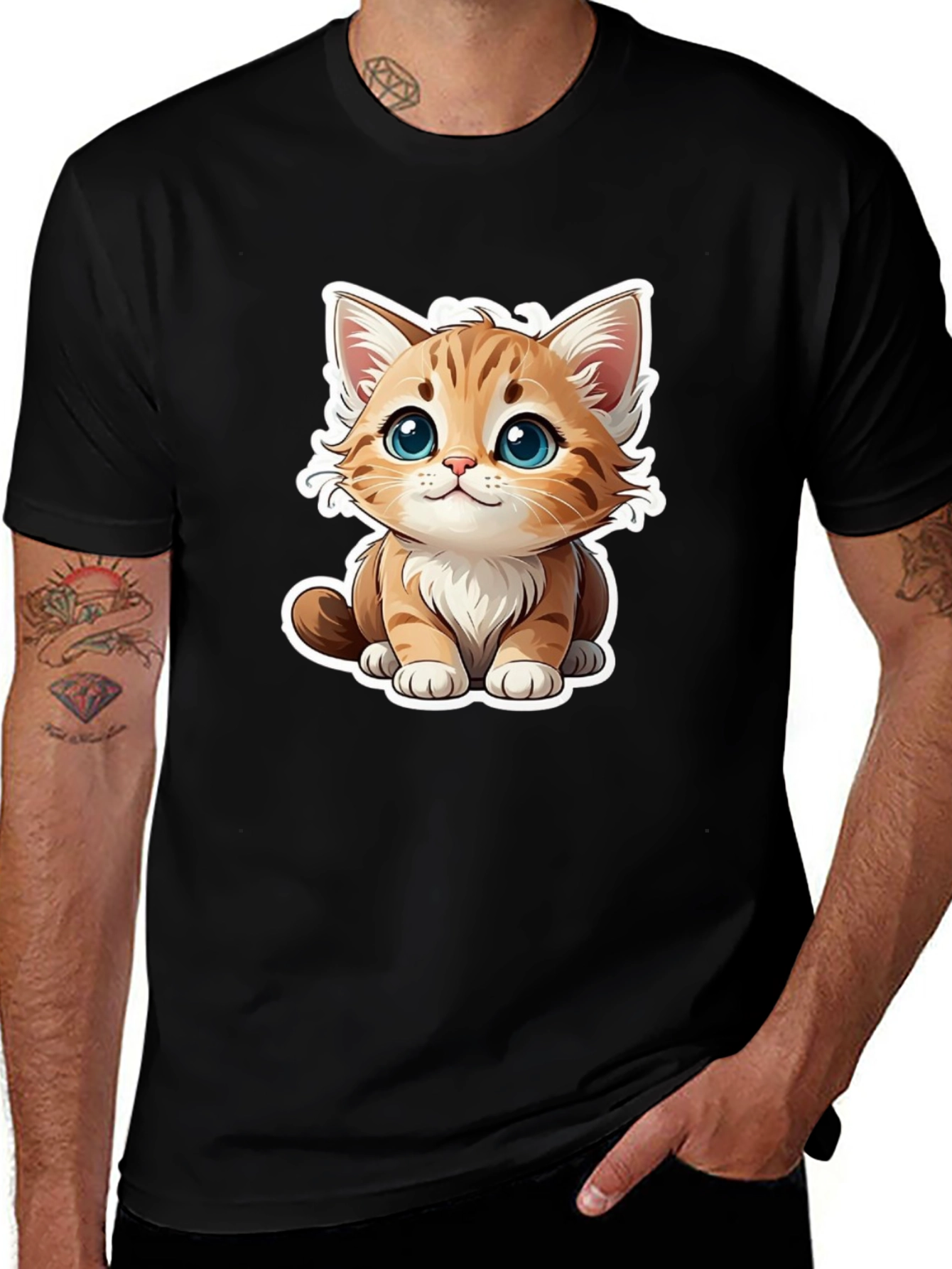 Cute Cartoon Cat Graphic Tee - Black T-Shirt