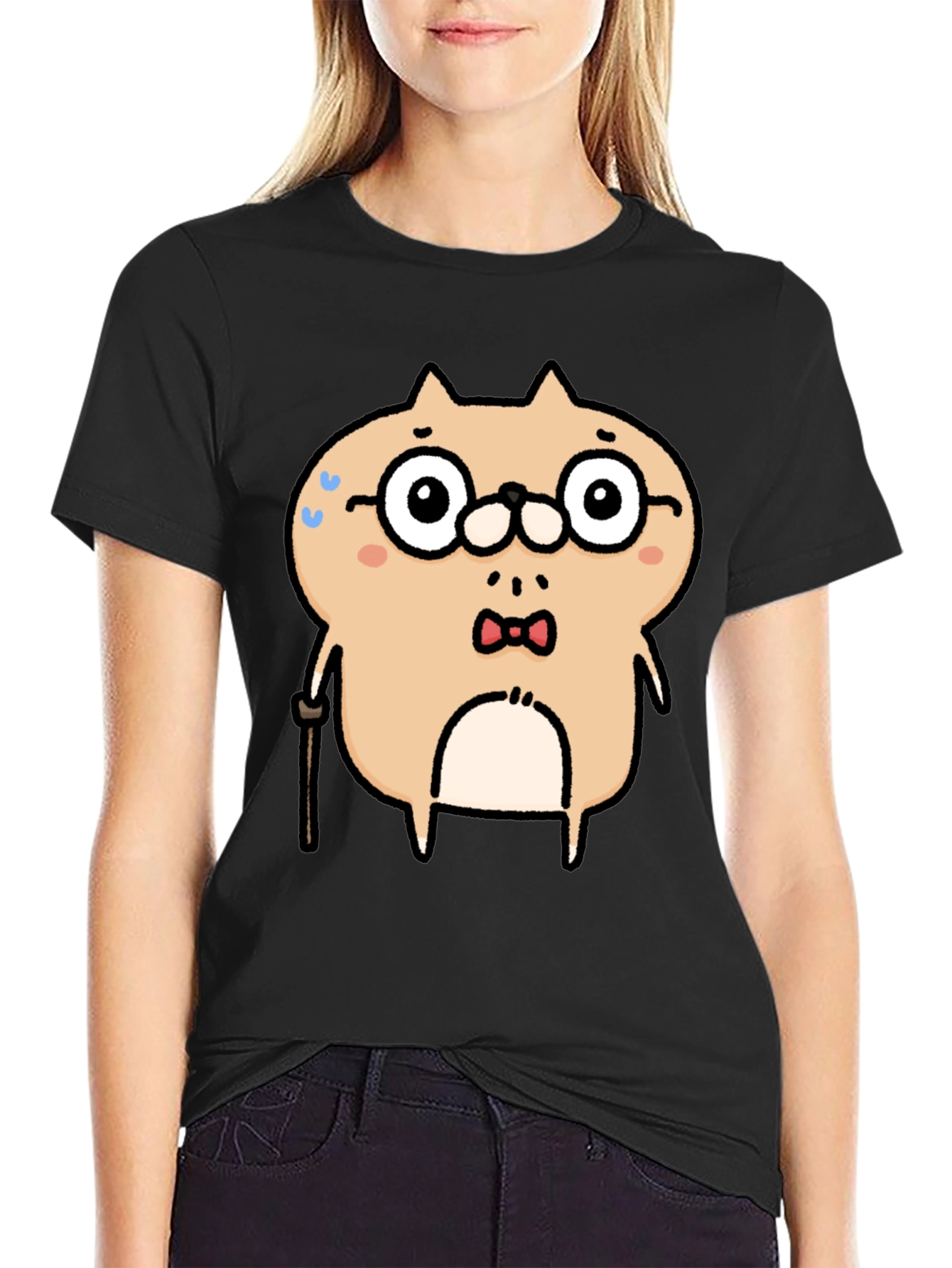 Cartoon Animal Graphic T-Shirt - Black Cotton Blend