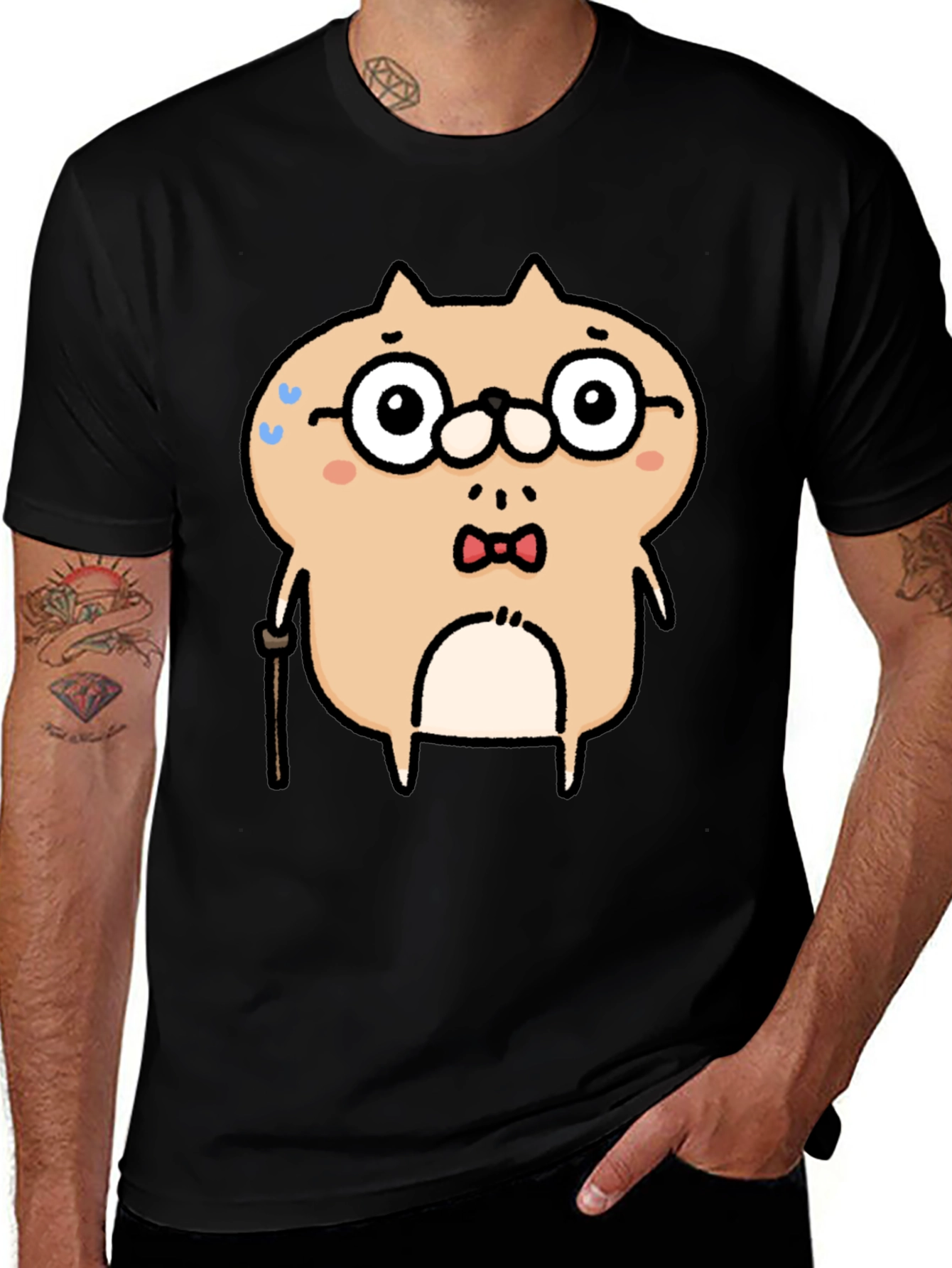 Cartoon Animal Graphic T-Shirt - Black Cotton Blend
