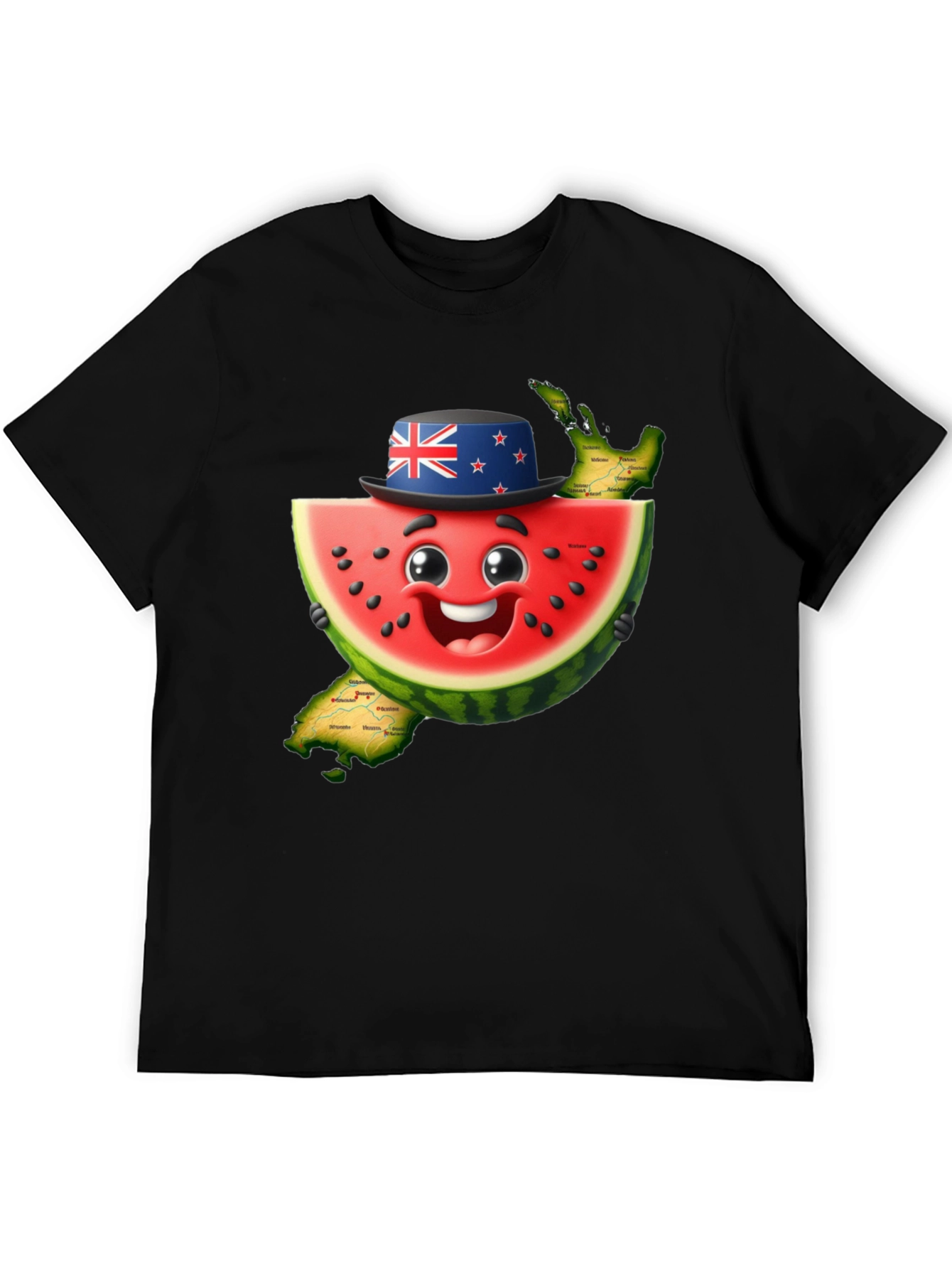 Novelty Watermelon New Zealand Map Graphic T-Shirt