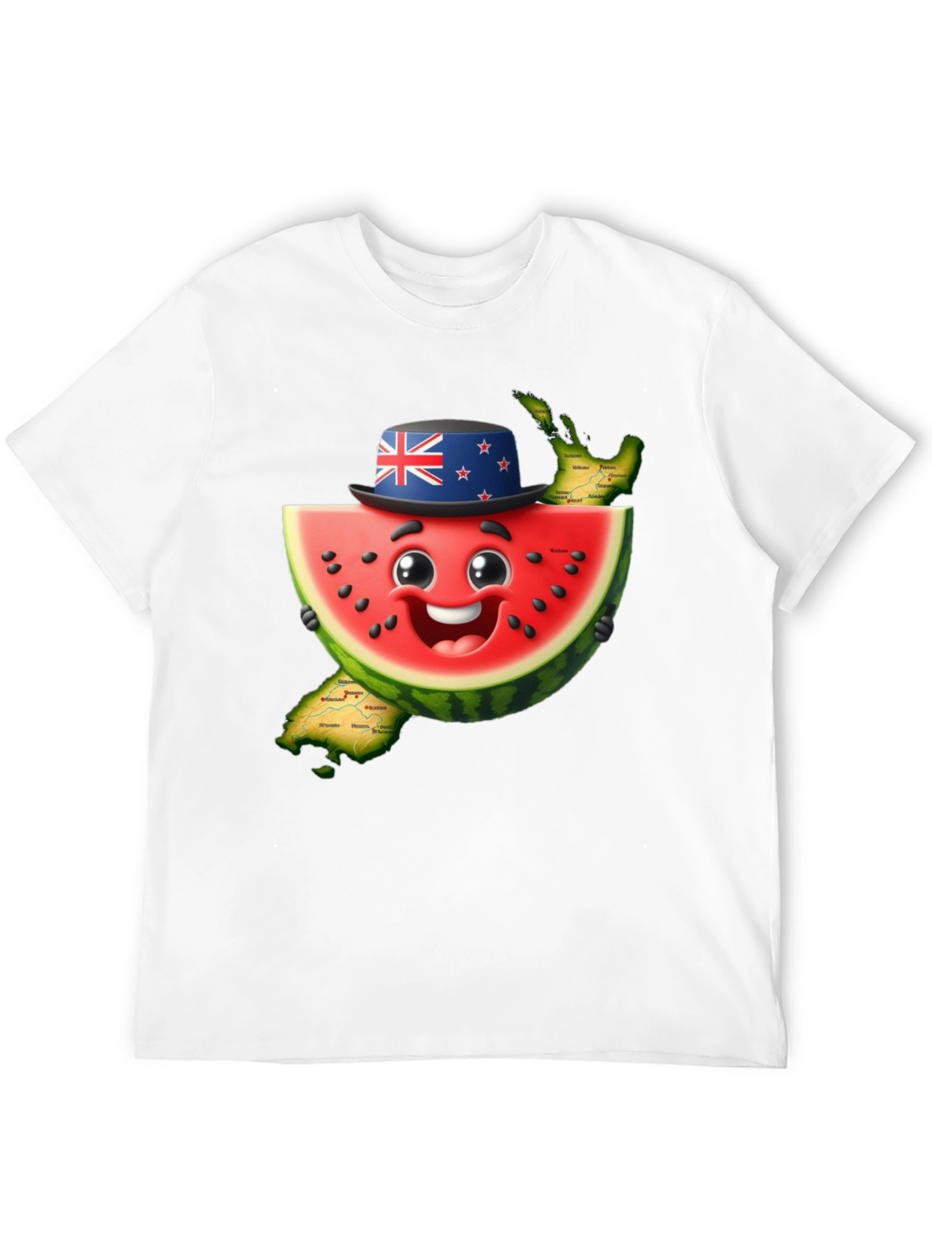 Novelty Watermelon New Zealand Map Graphic T-Shirt