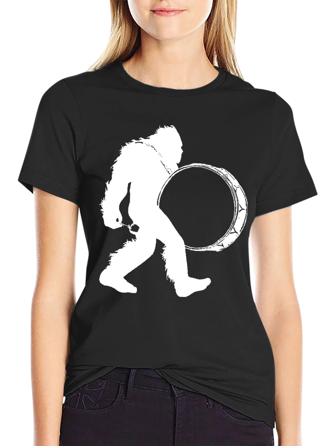 Bigfoot Drummer Black T-Shirt - Cryptid Sasquatch Tee