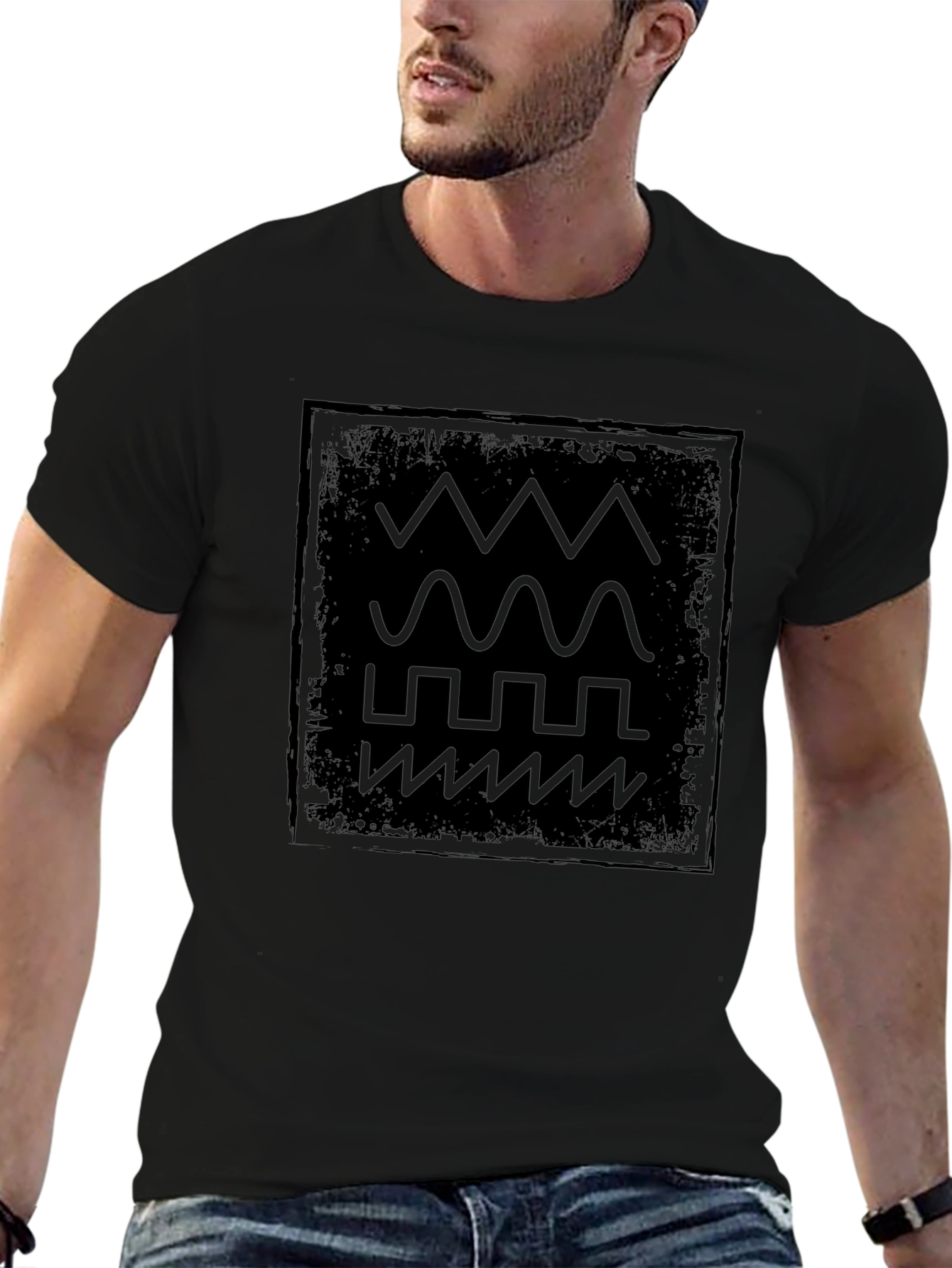 Geometric Waveform Graphic Print Black T-Shirt