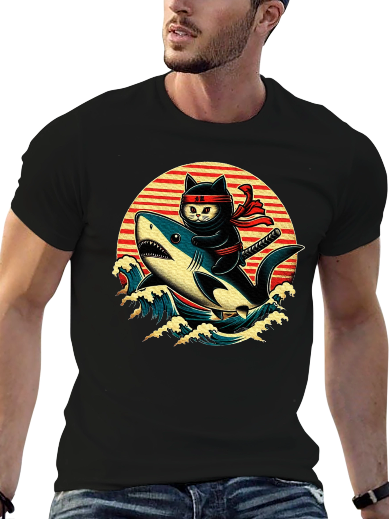 Ninja Cat Riding Shark T-Shirt