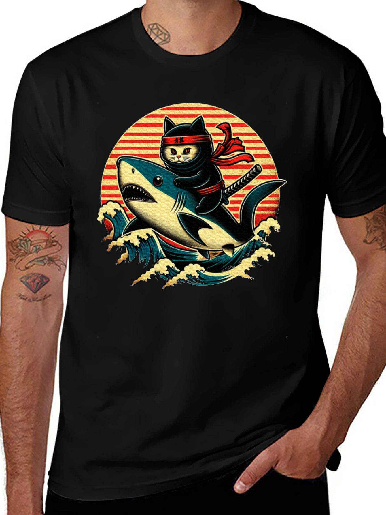 Ninja Cat Riding Shark T-Shirt
