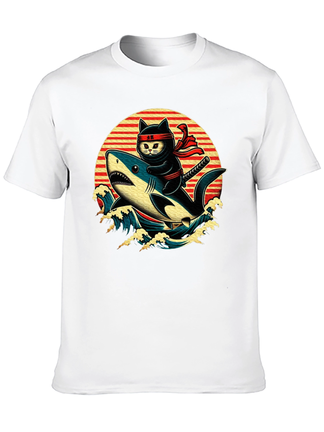 Ninja Cat Riding Shark T-Shirt