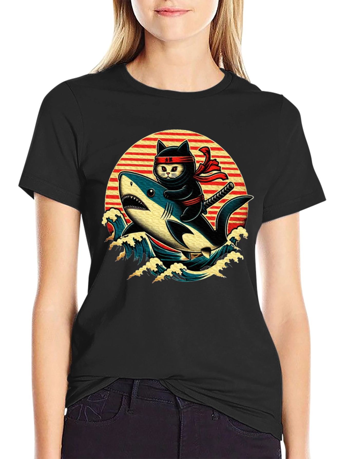 Ninja Cat Riding Shark T-Shirt