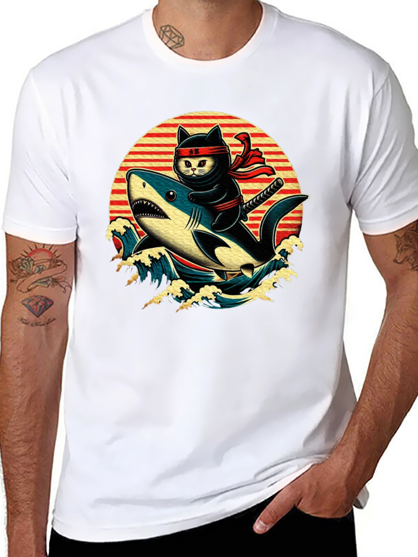 Ninja Cat Riding Shark T-Shirt