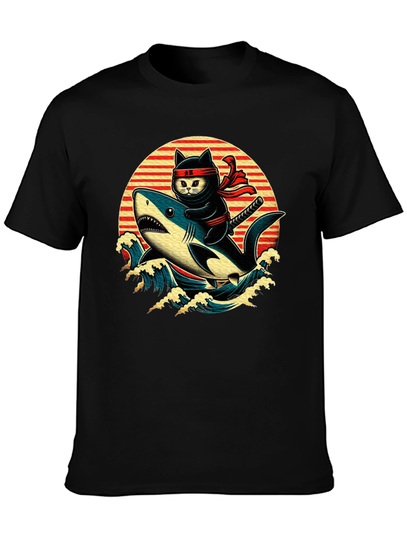 Ninja Cat Riding Shark T-Shirt