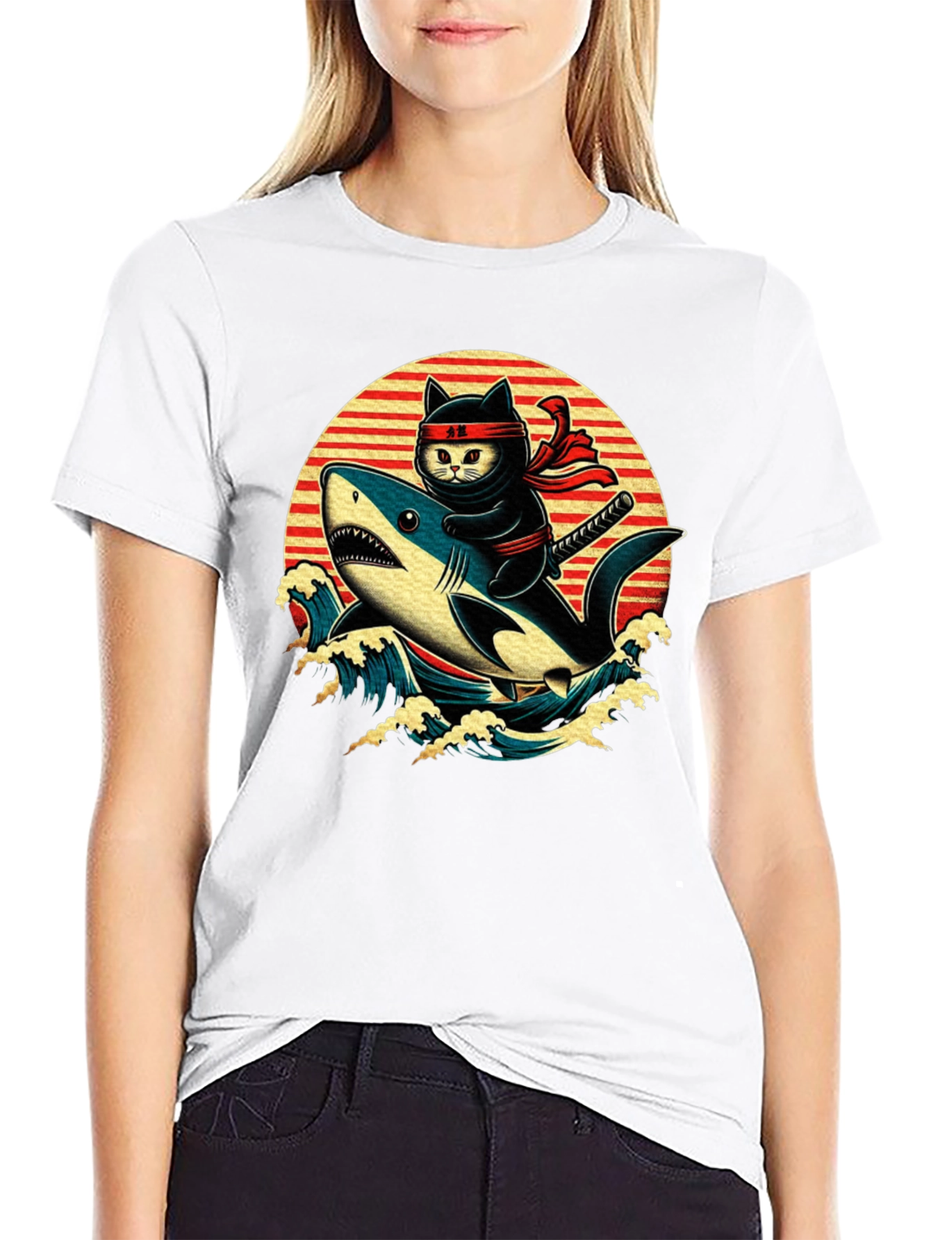 Ninja Cat Riding Shark T-Shirt