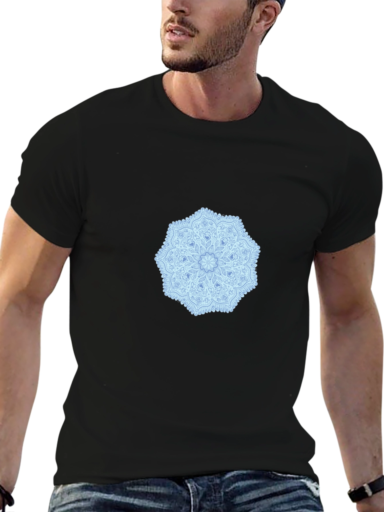 Black Tee with Blue Mandala Design
