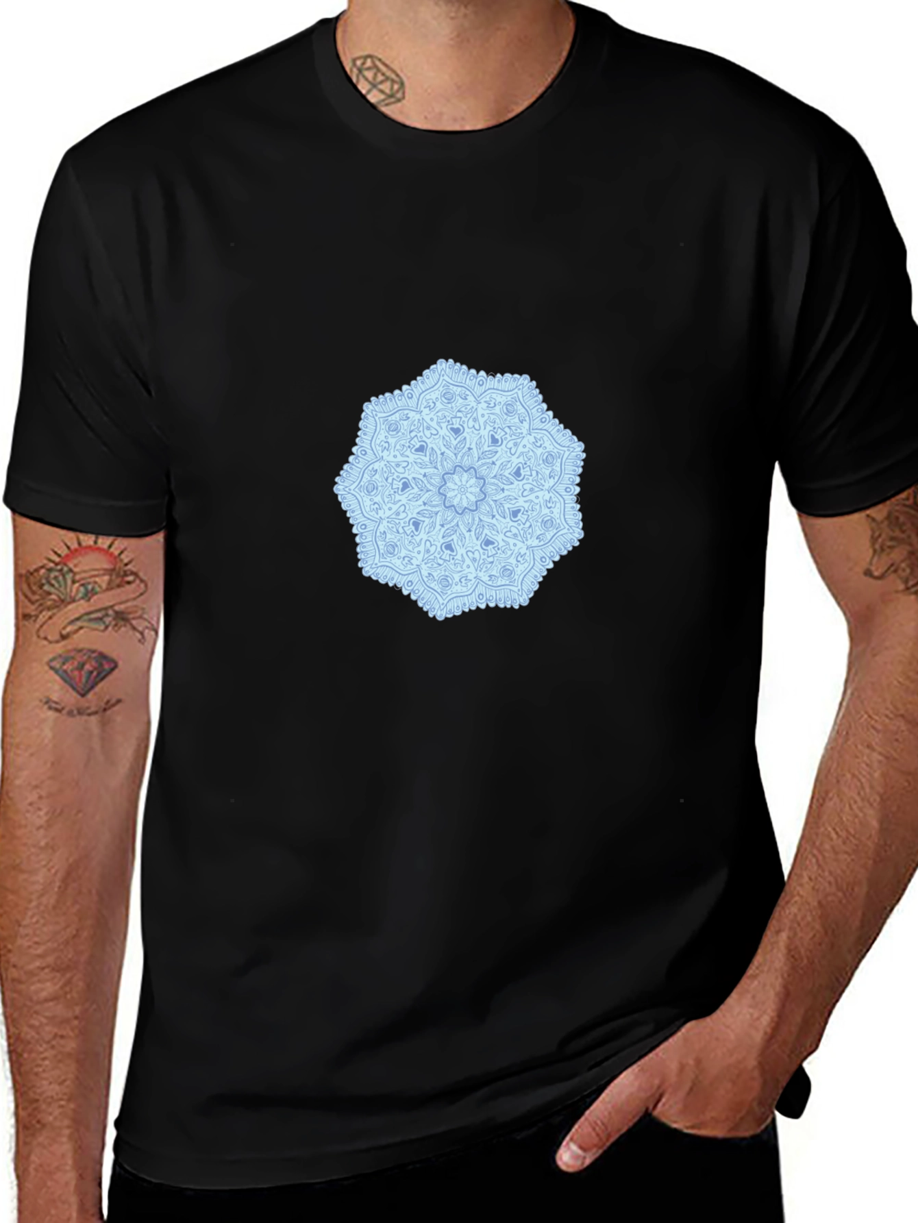 Black Tee with Blue Mandala Design