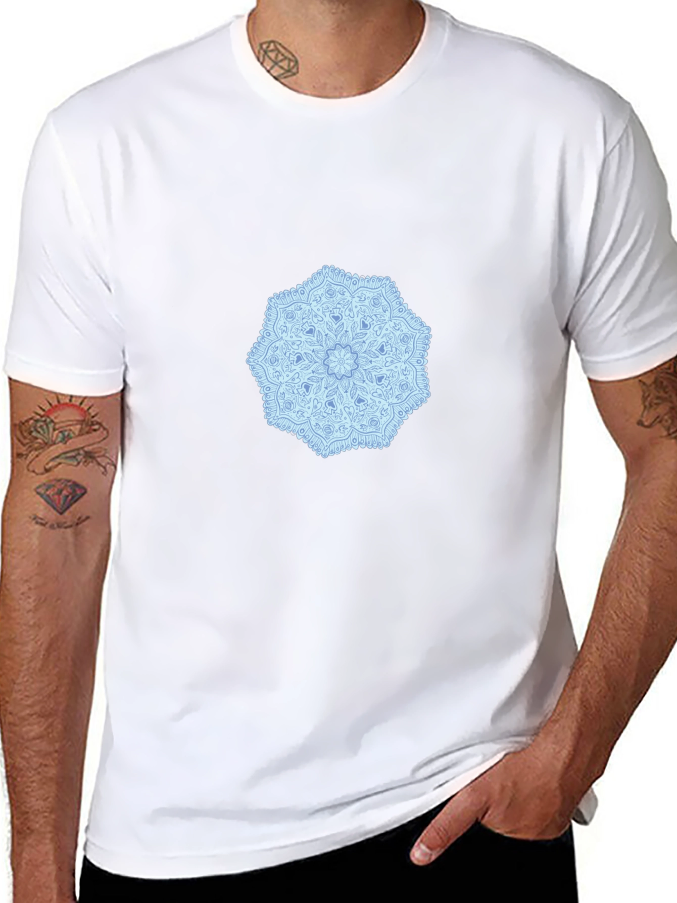 Black Tee with Blue Mandala Design