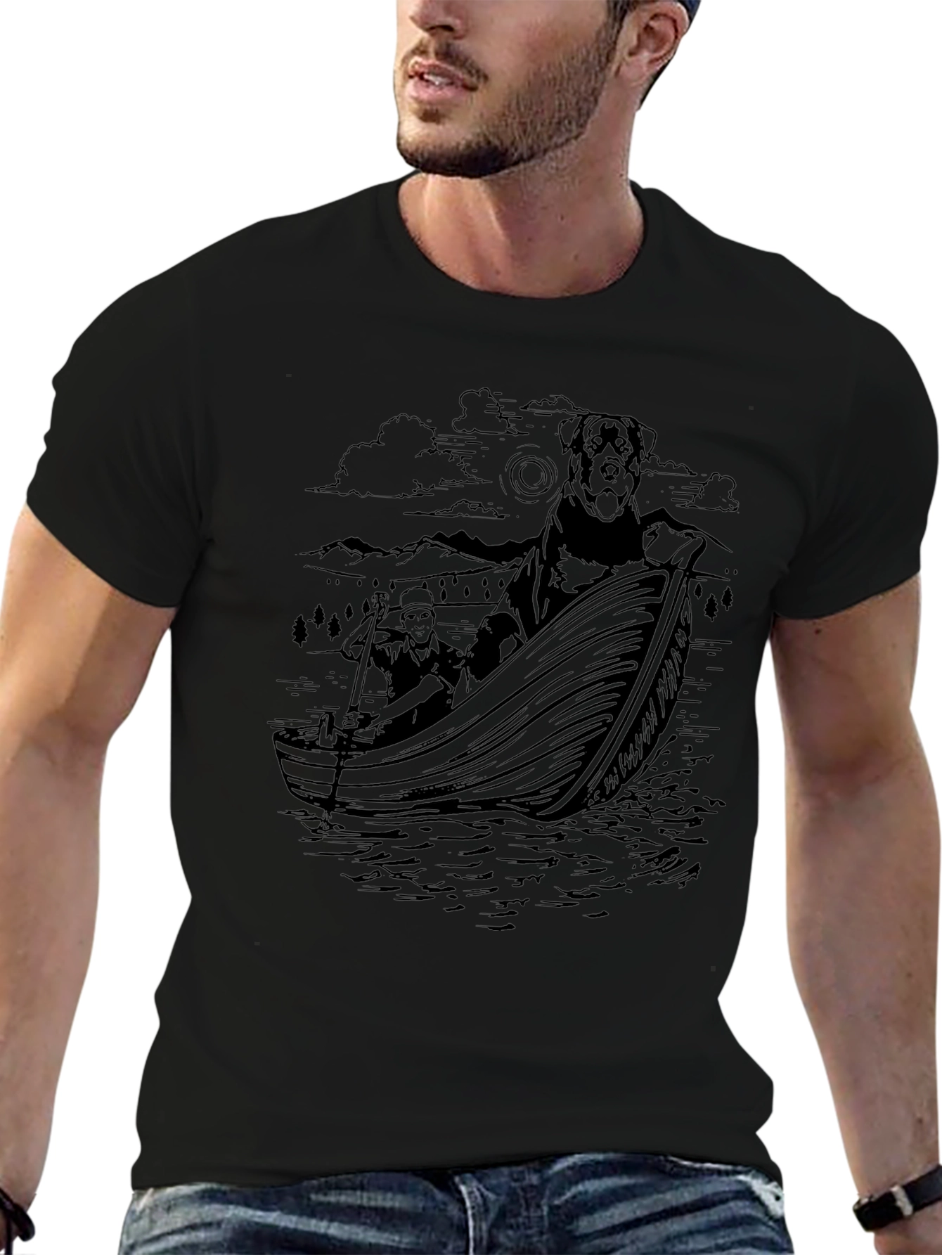 Dog & Owner Boating Black Graphic Tee