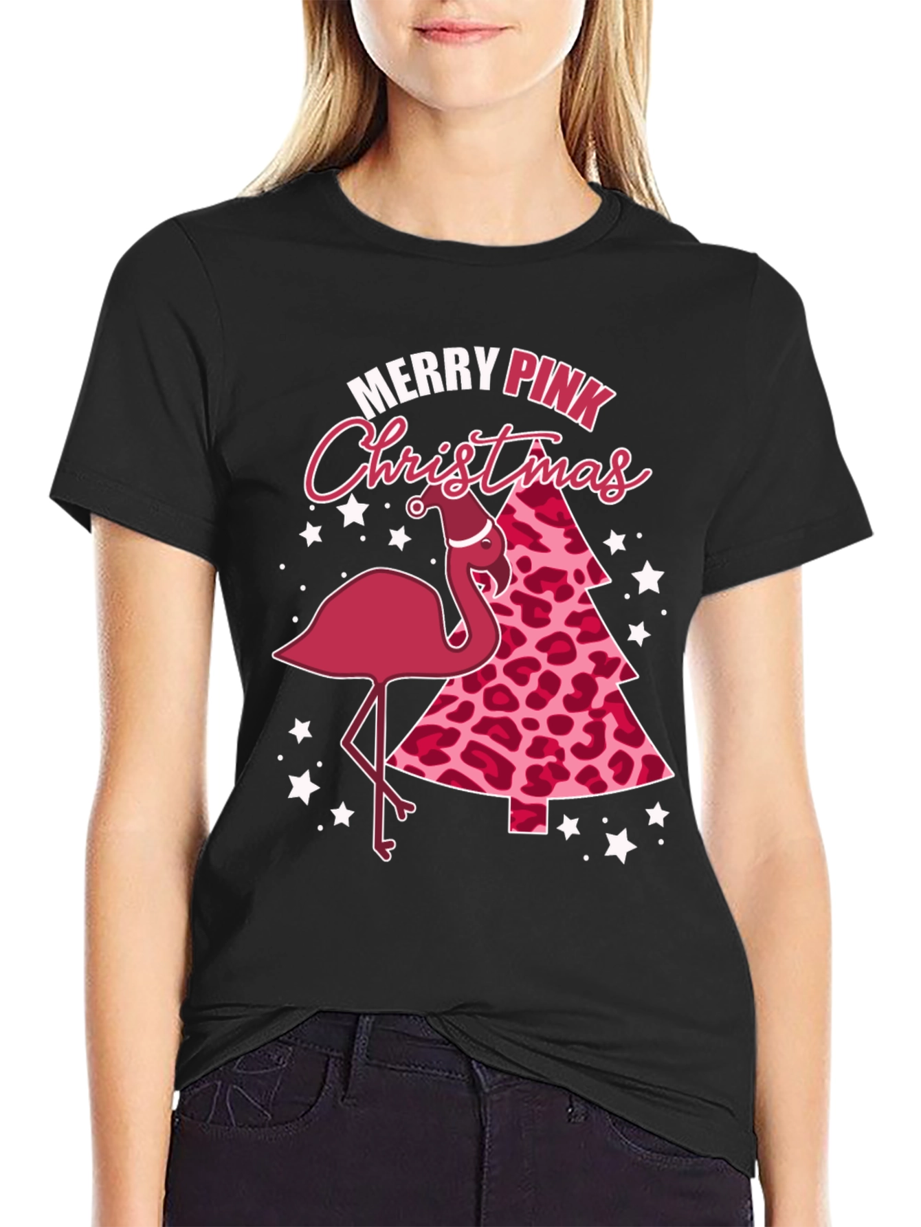 Merry Pink Christmas Flamingo Graphic Tee
