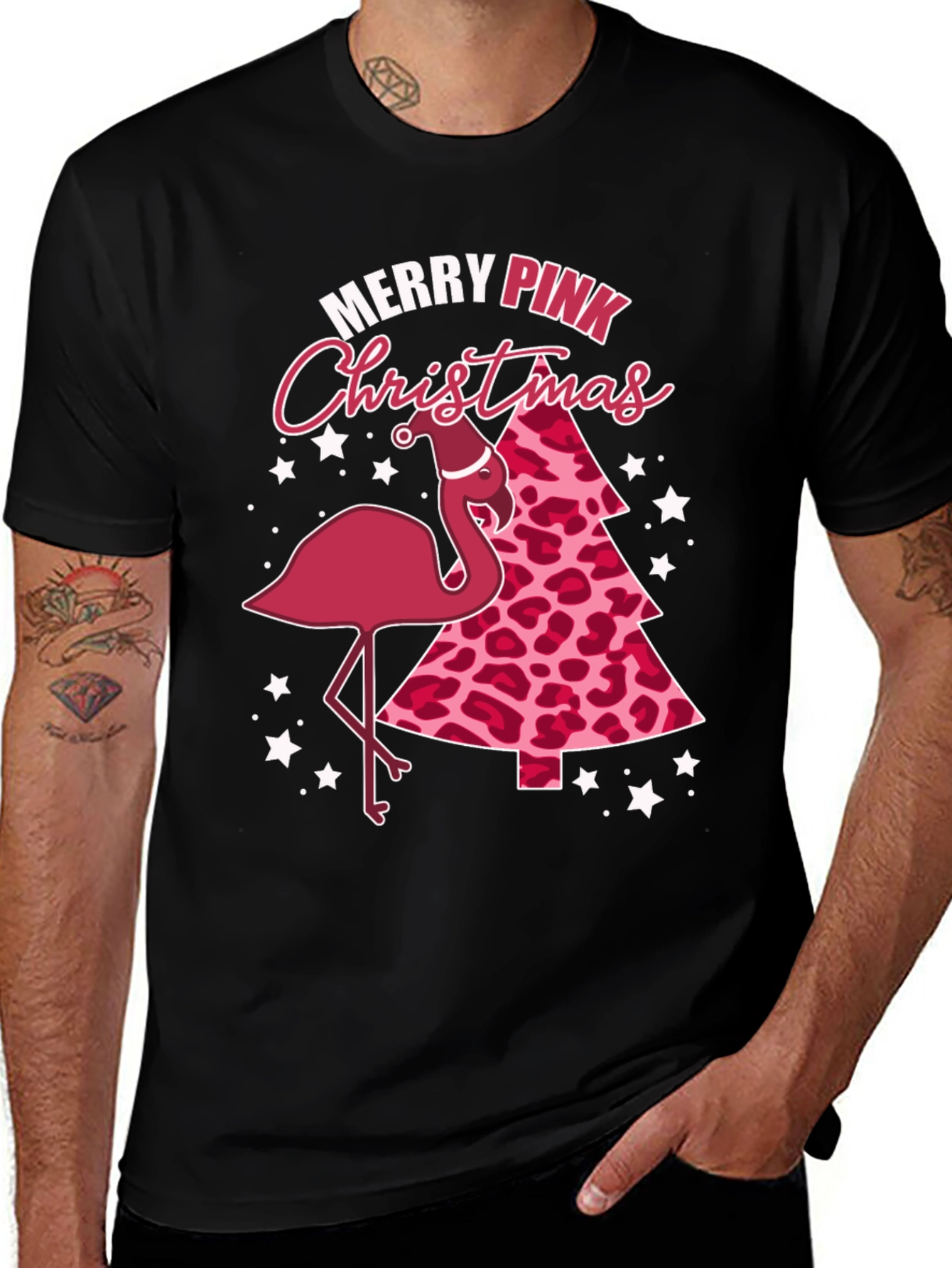 Merry Pink Christmas Flamingo Graphic Tee