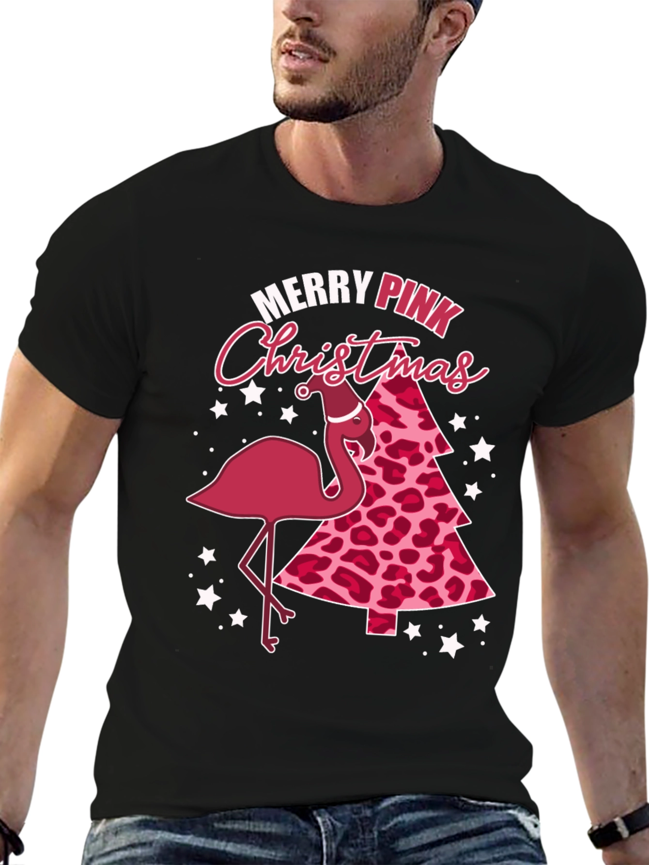 Merry Pink Christmas Flamingo Graphic Tee