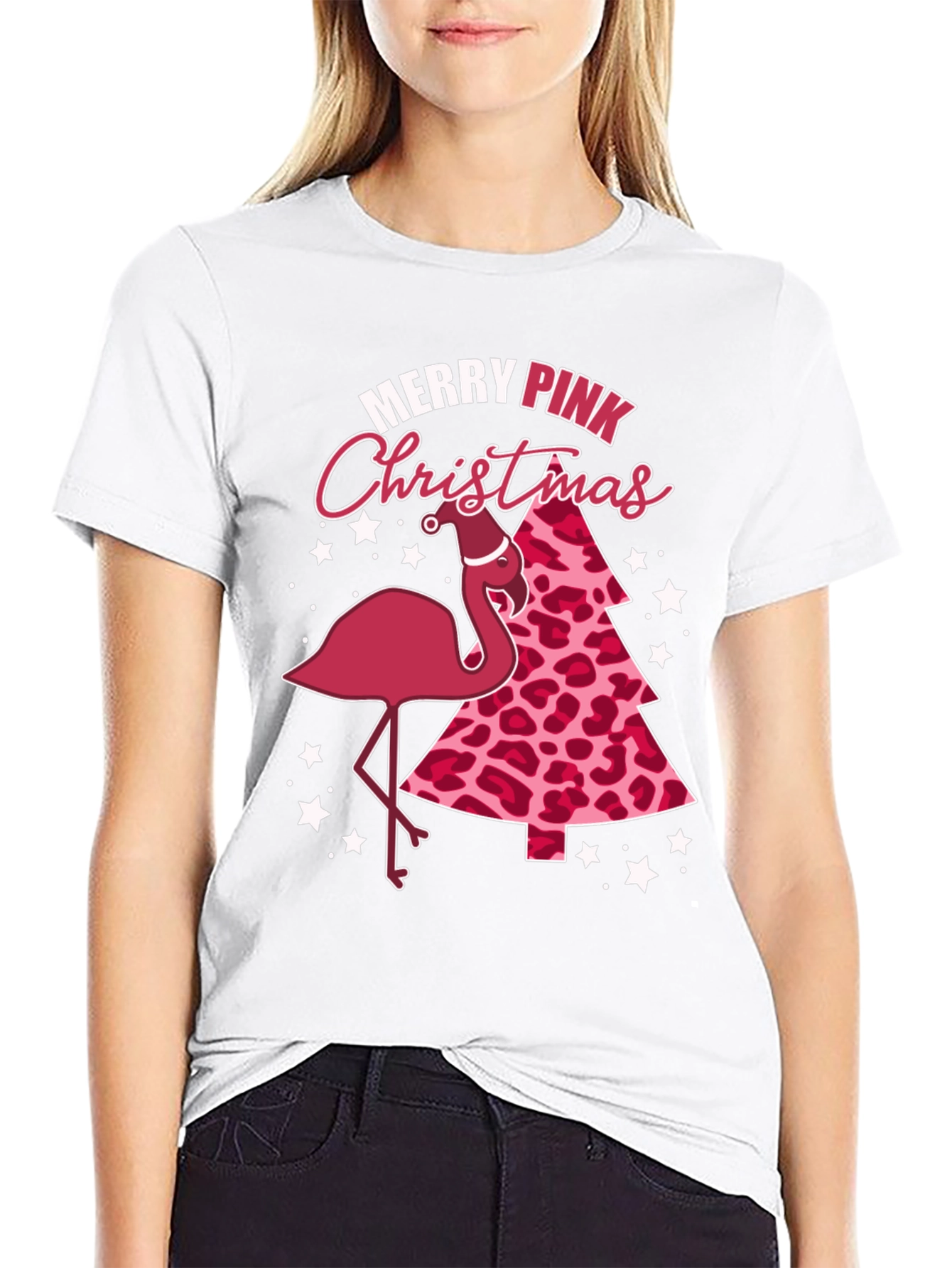 Merry Pink Christmas Flamingo Graphic Tee