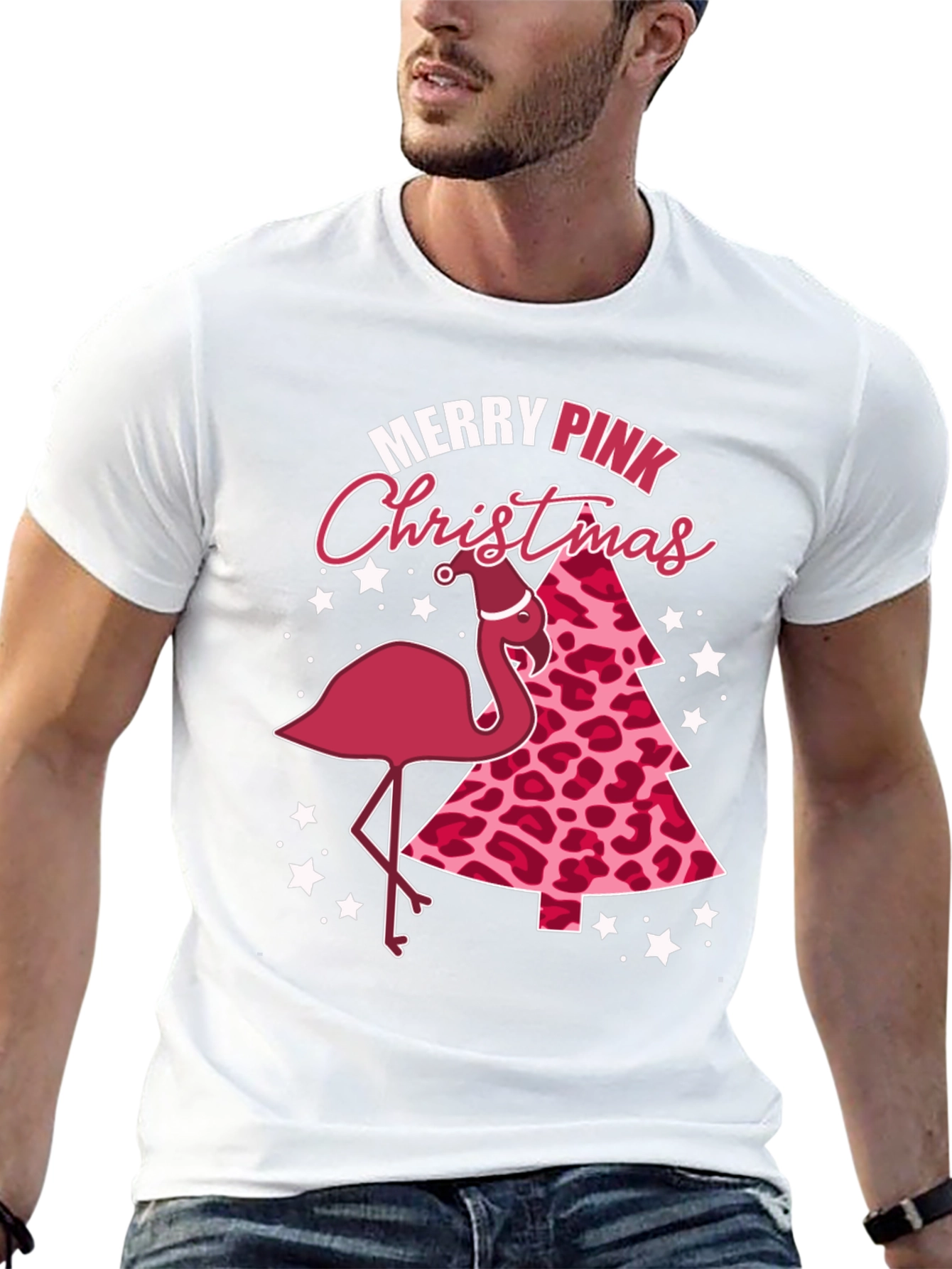 Merry Pink Christmas Flamingo Graphic Tee