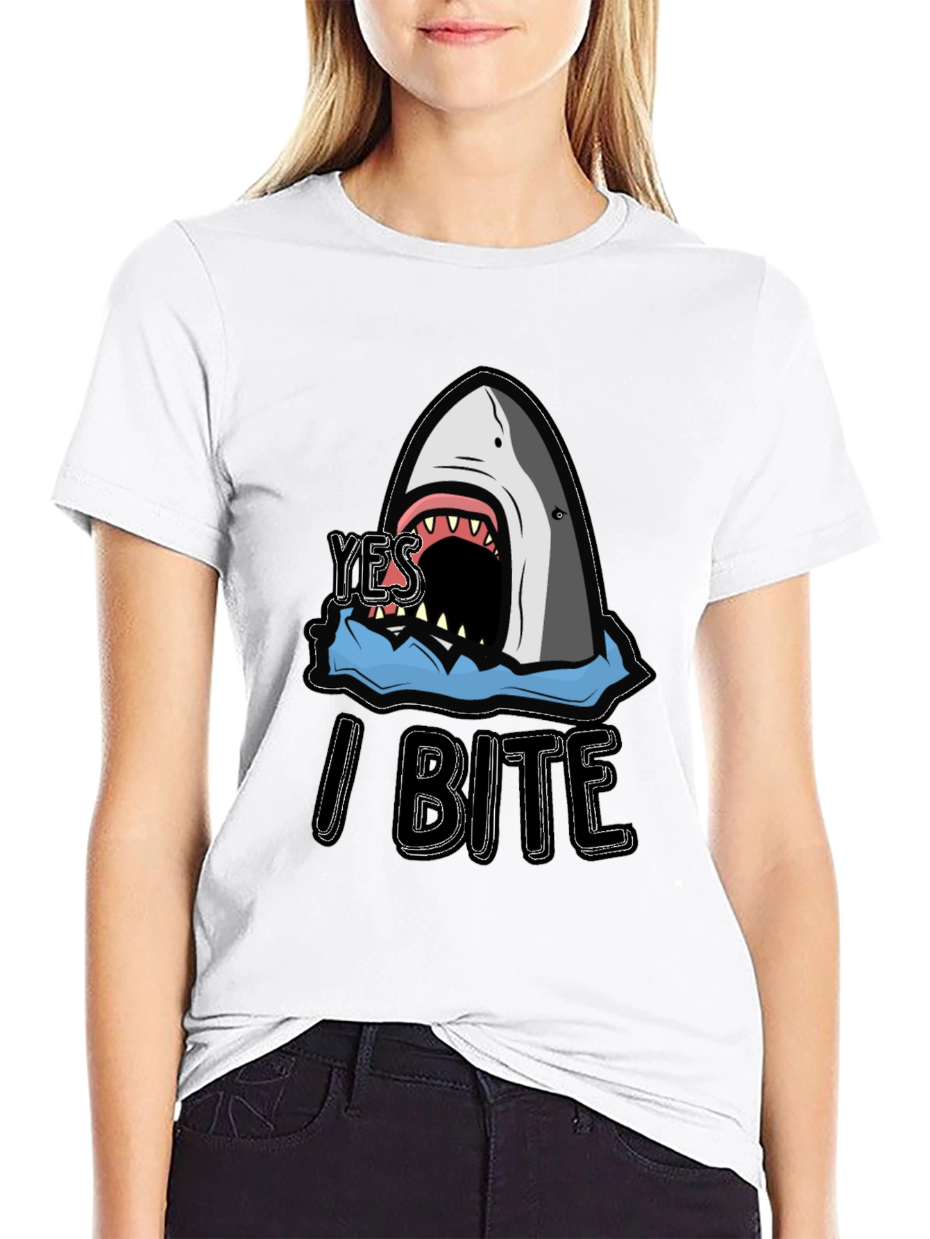 Yes I Bite Shark Graphic Black T-Shirt