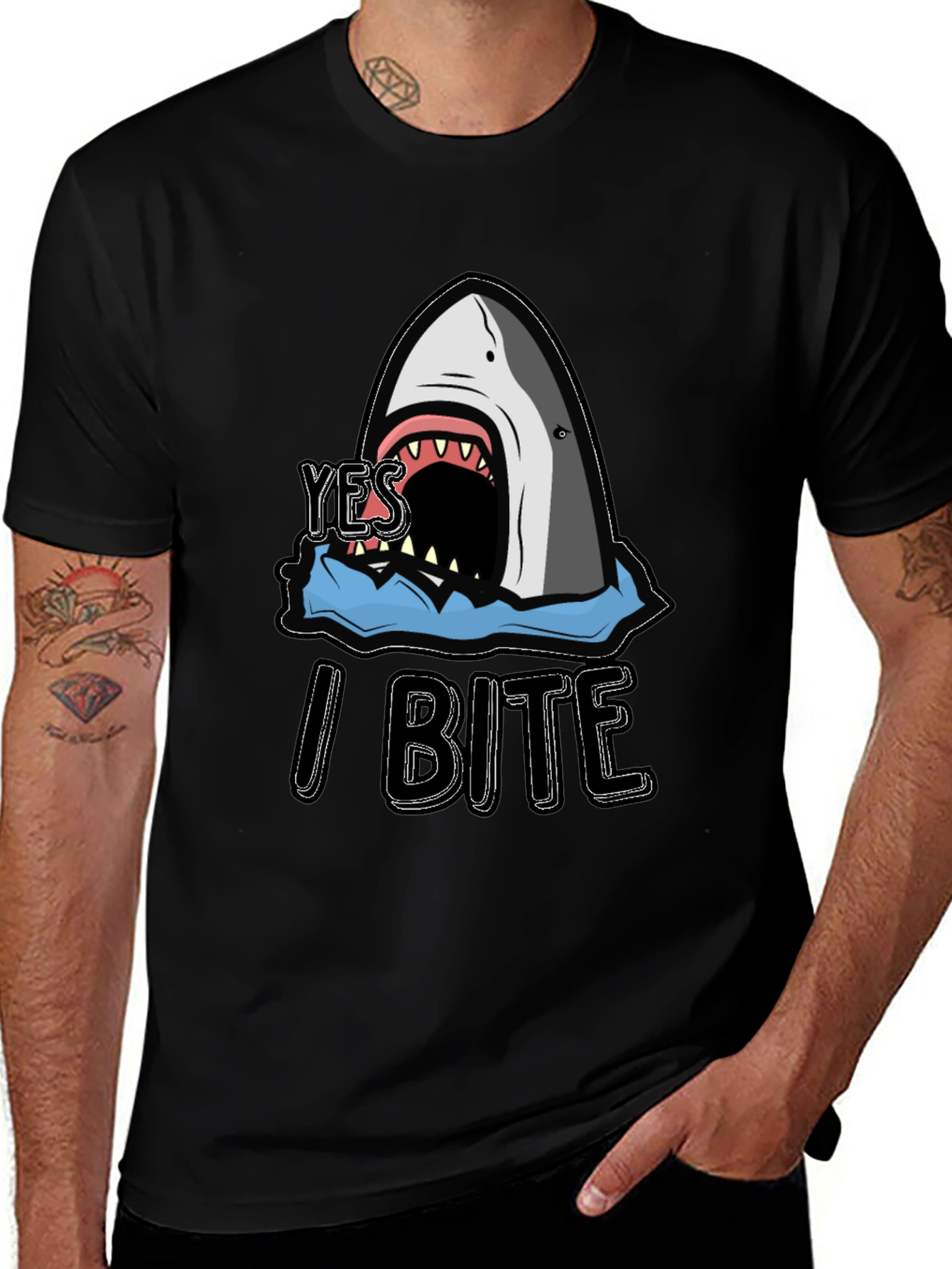 Yes I Bite Shark Graphic Black T-Shirt
