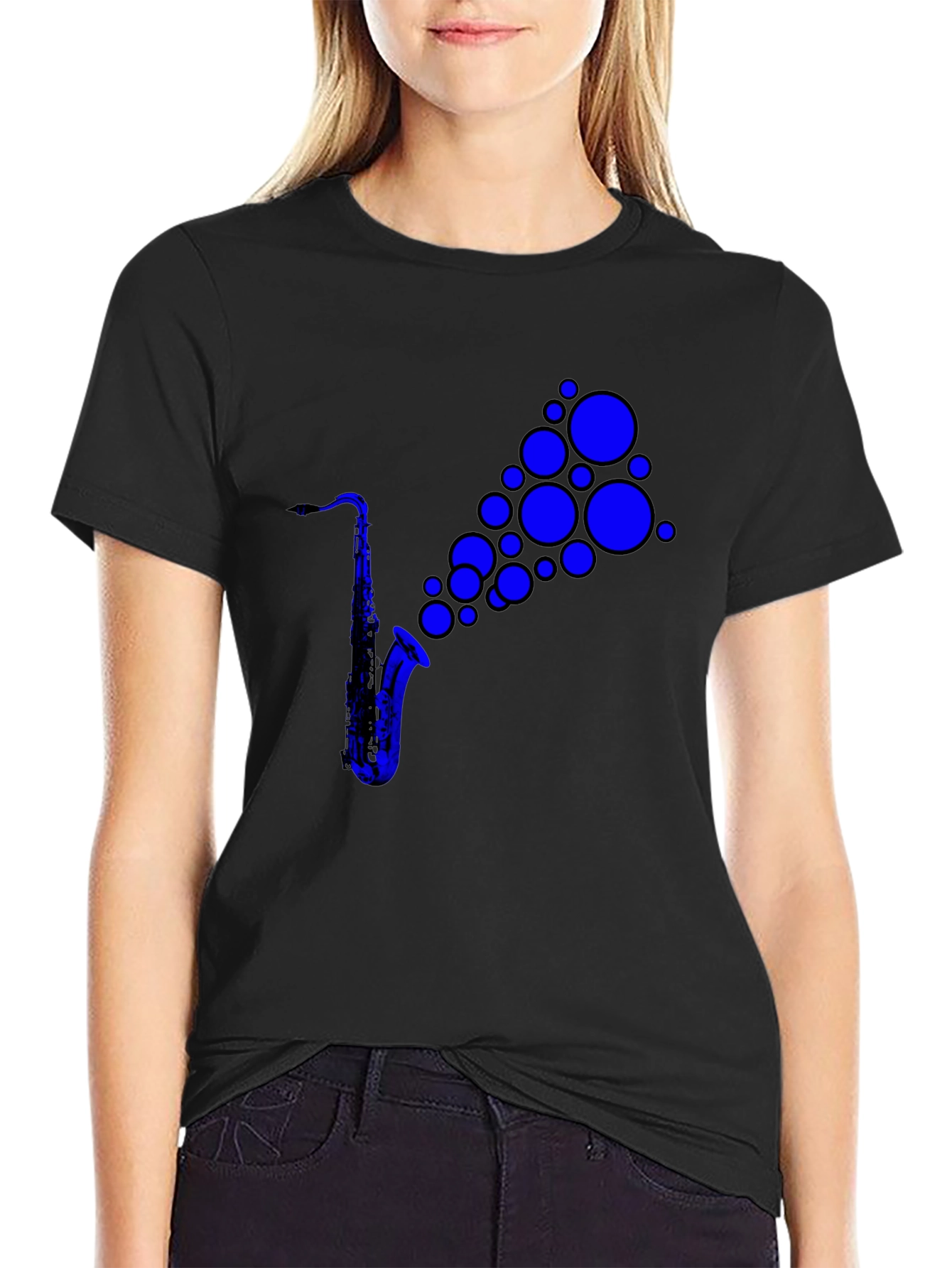 Saxophone Music T-Shirt - Cool Blue Bubbles Design