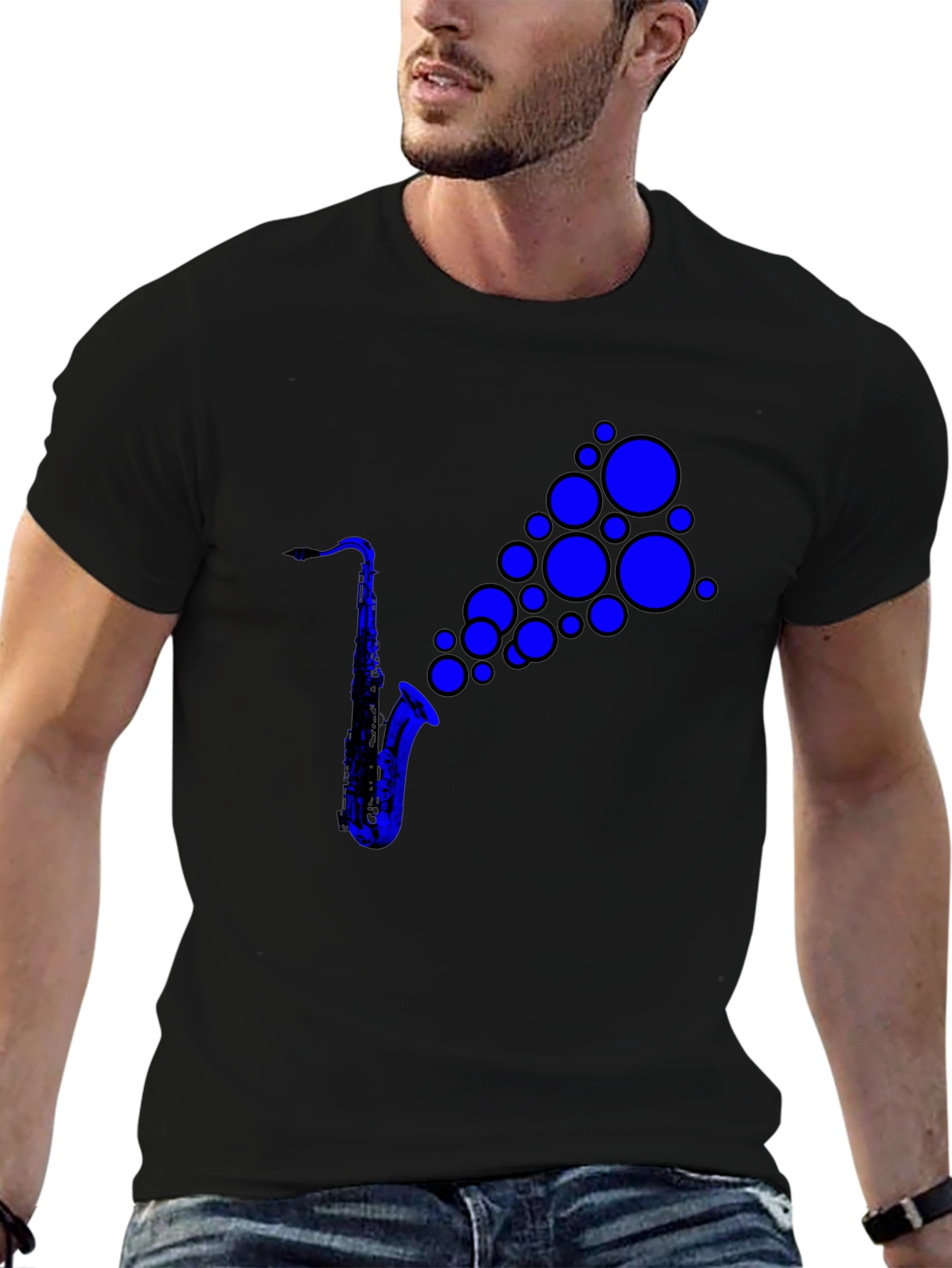 Saxophone Music T-Shirt - Cool Blue Bubbles Design