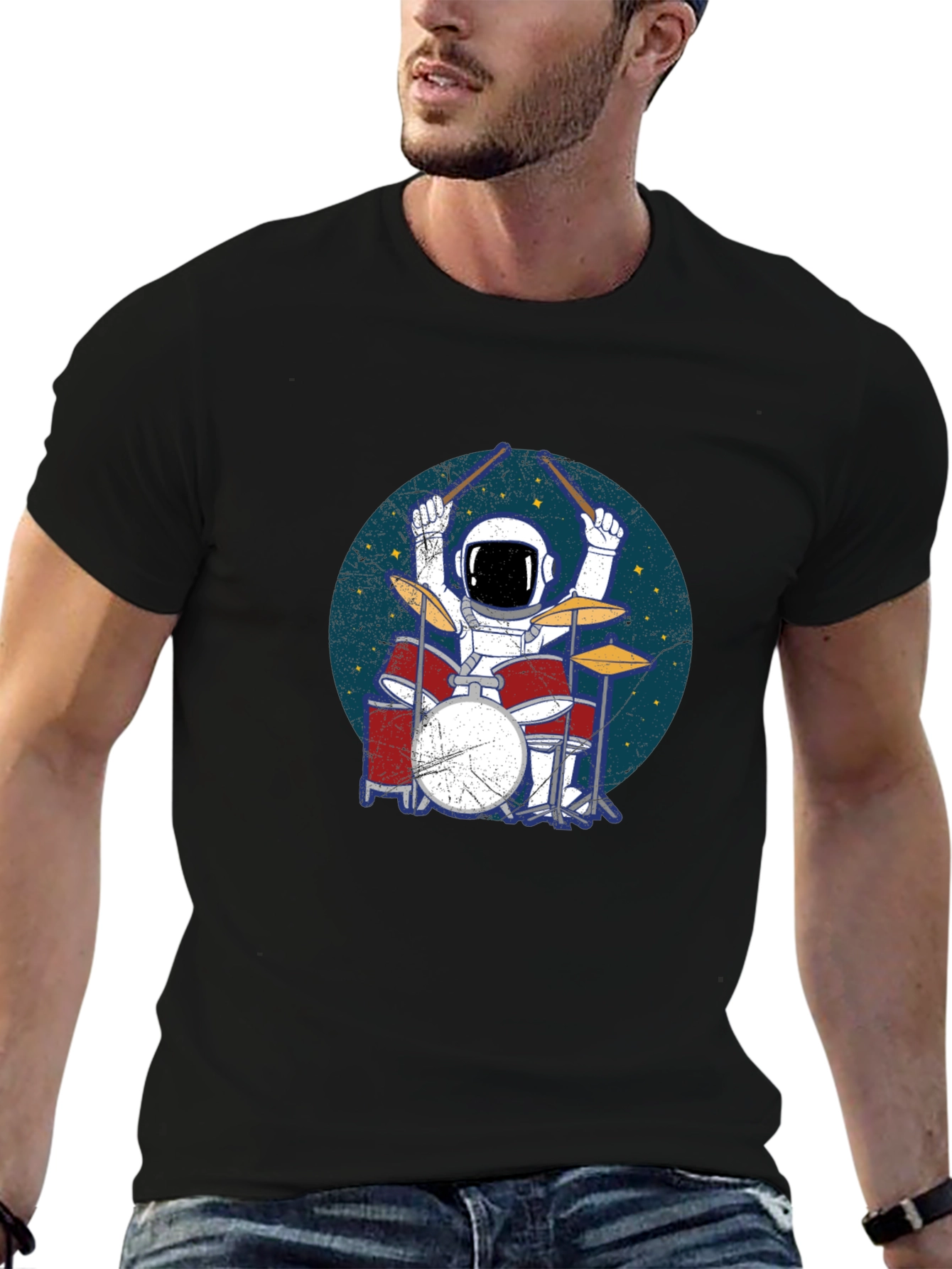 Astronaut Drummer Black T-Shirt