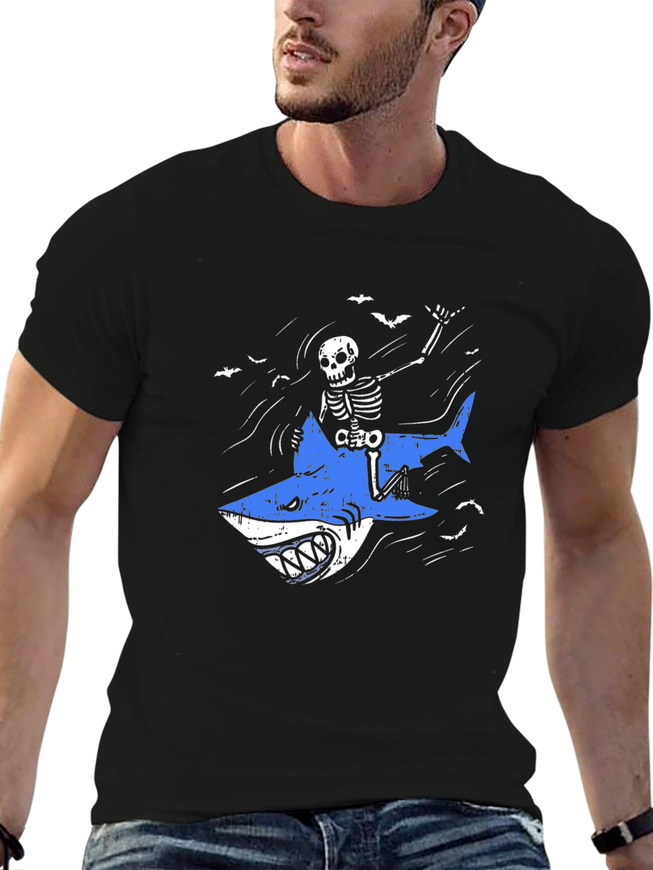 Skeleton Shark Rider Graphic Tee - Black
