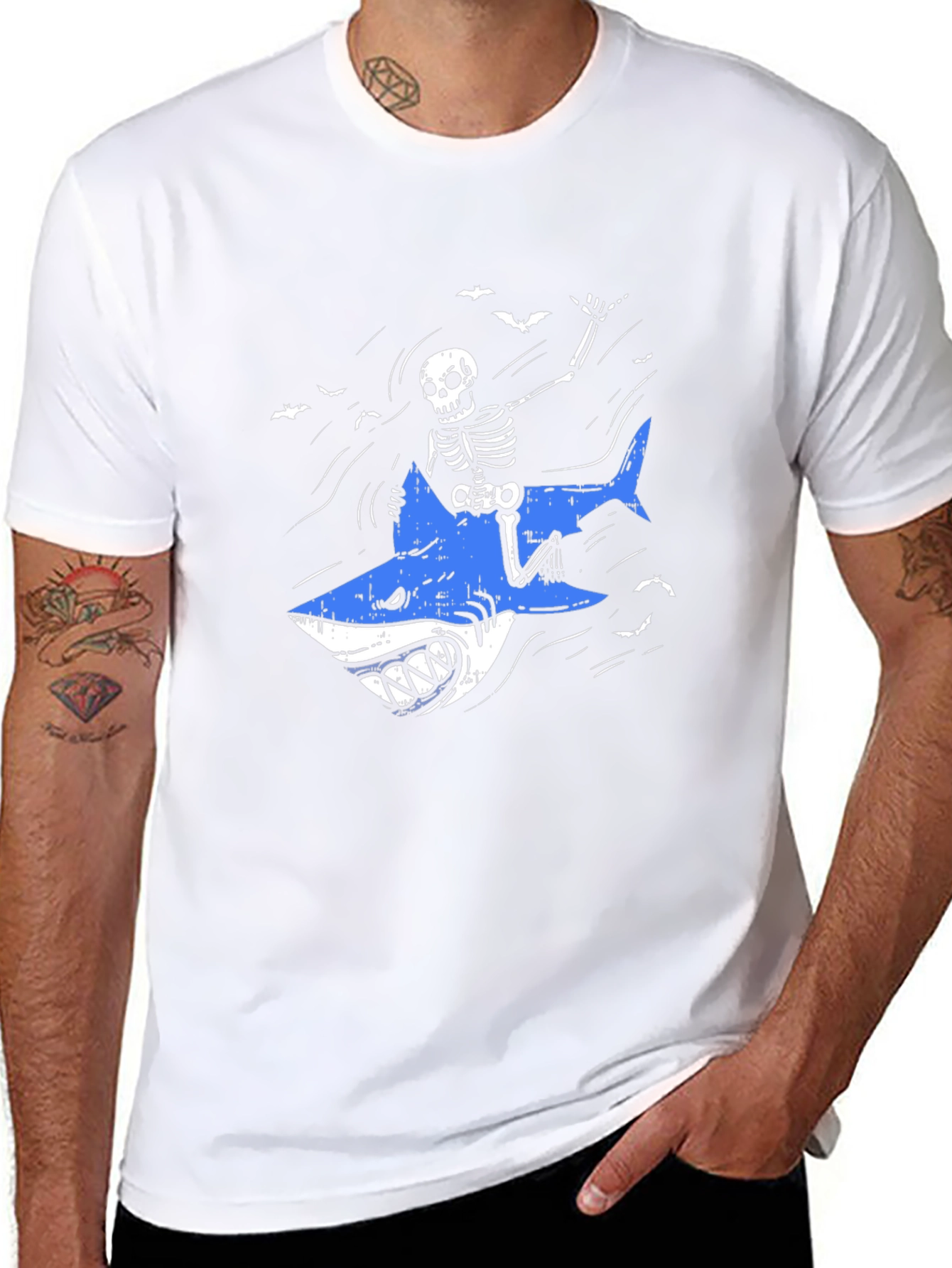 Skeleton Shark Rider Graphic Tee - Black