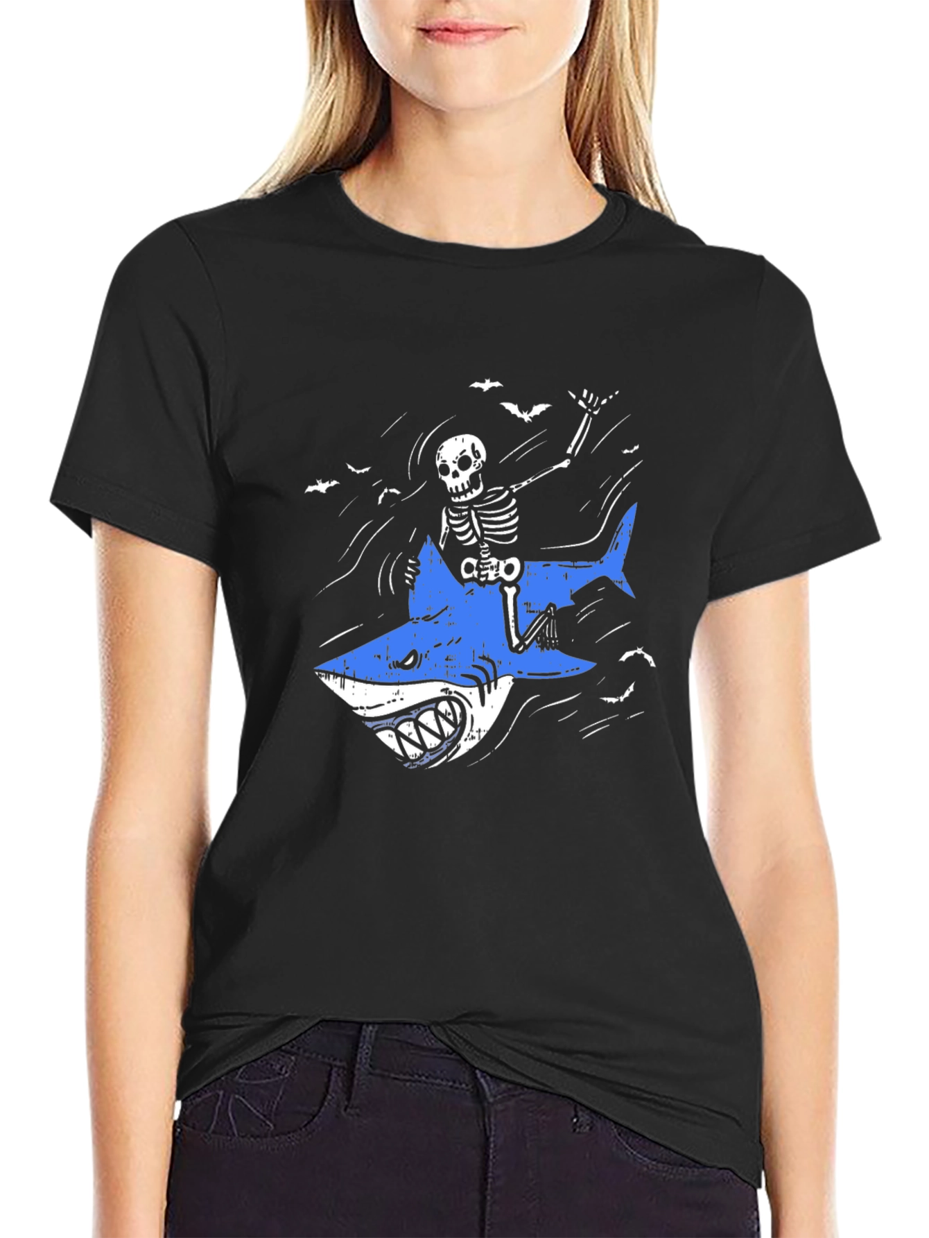 Skeleton Shark Rider Graphic Tee - Black
