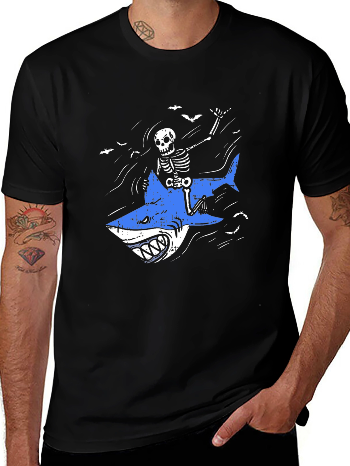 Skeleton Shark Rider Graphic Tee - Black