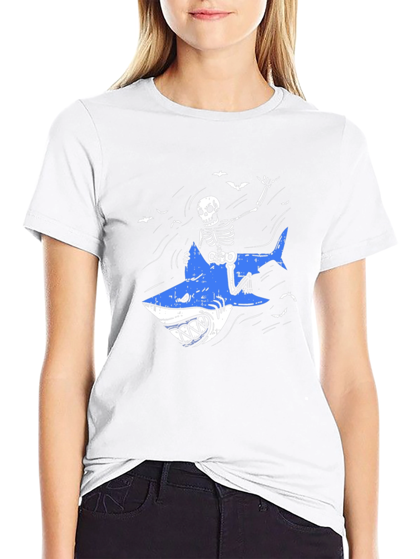 Skeleton Shark Rider Graphic Tee - Black
