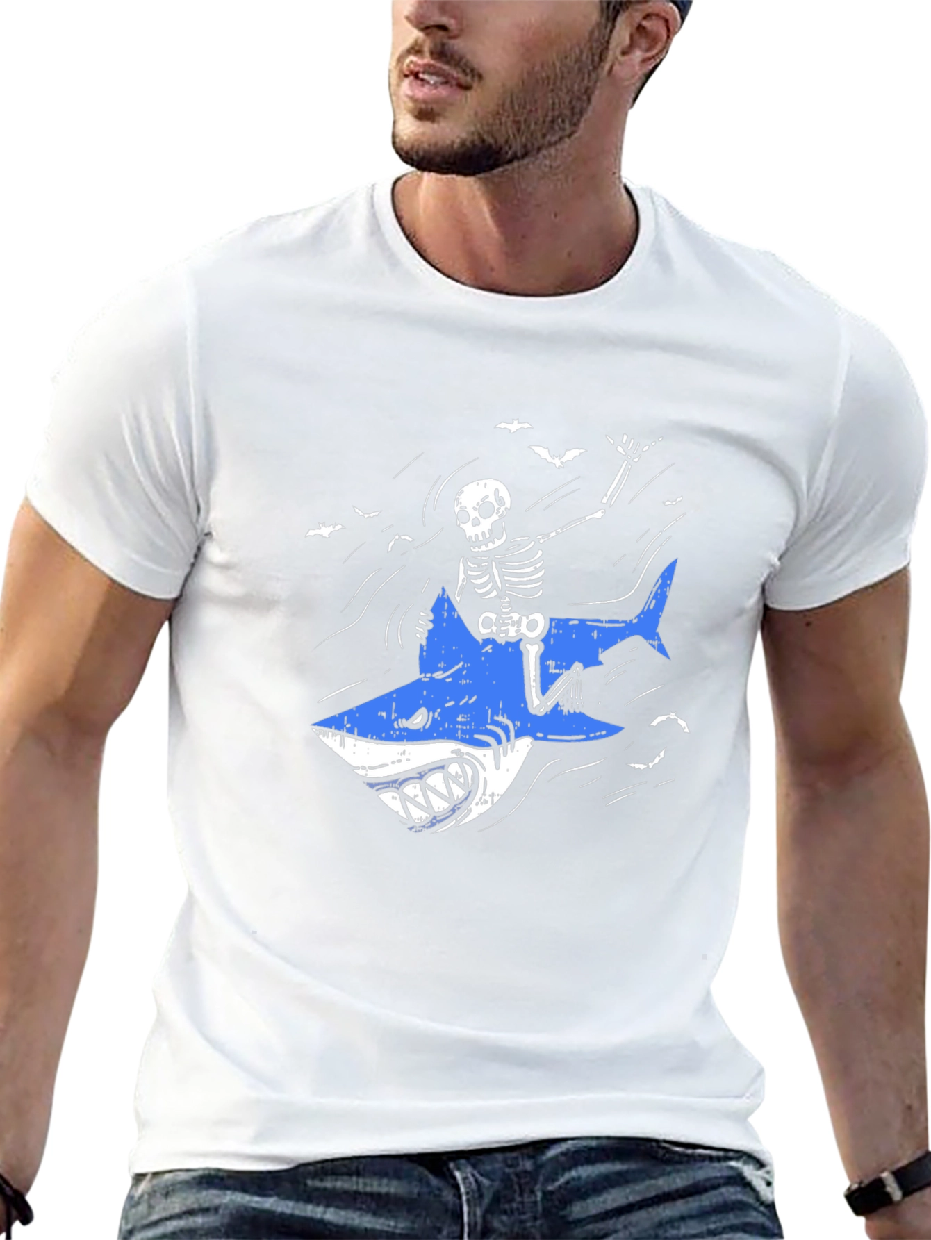 Skeleton Shark Rider Graphic Tee - Black