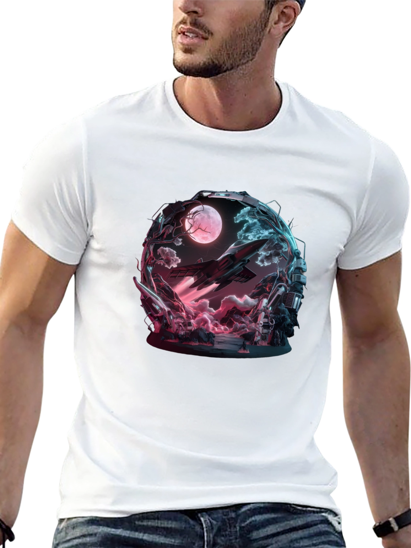 Sci-Fi Space Moon Black T-Shirt