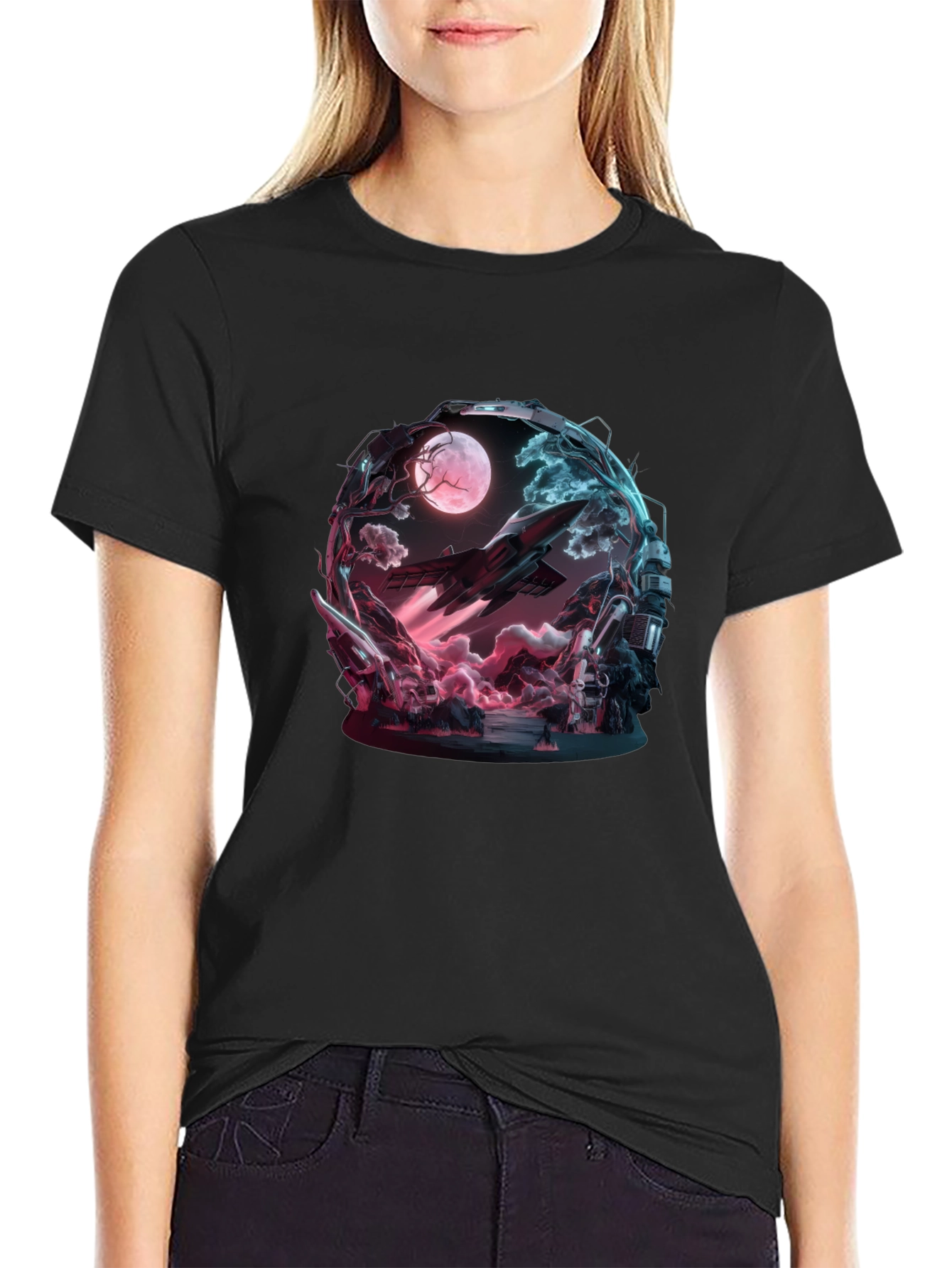 Sci-Fi Space Moon Black T-Shirt