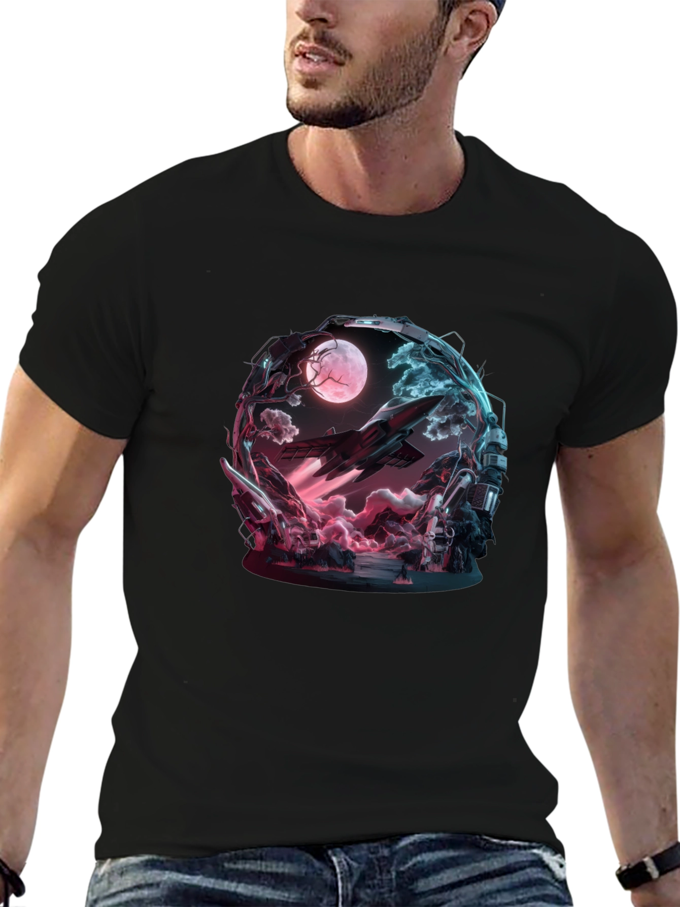 Sci-Fi Space Moon Black T-Shirt