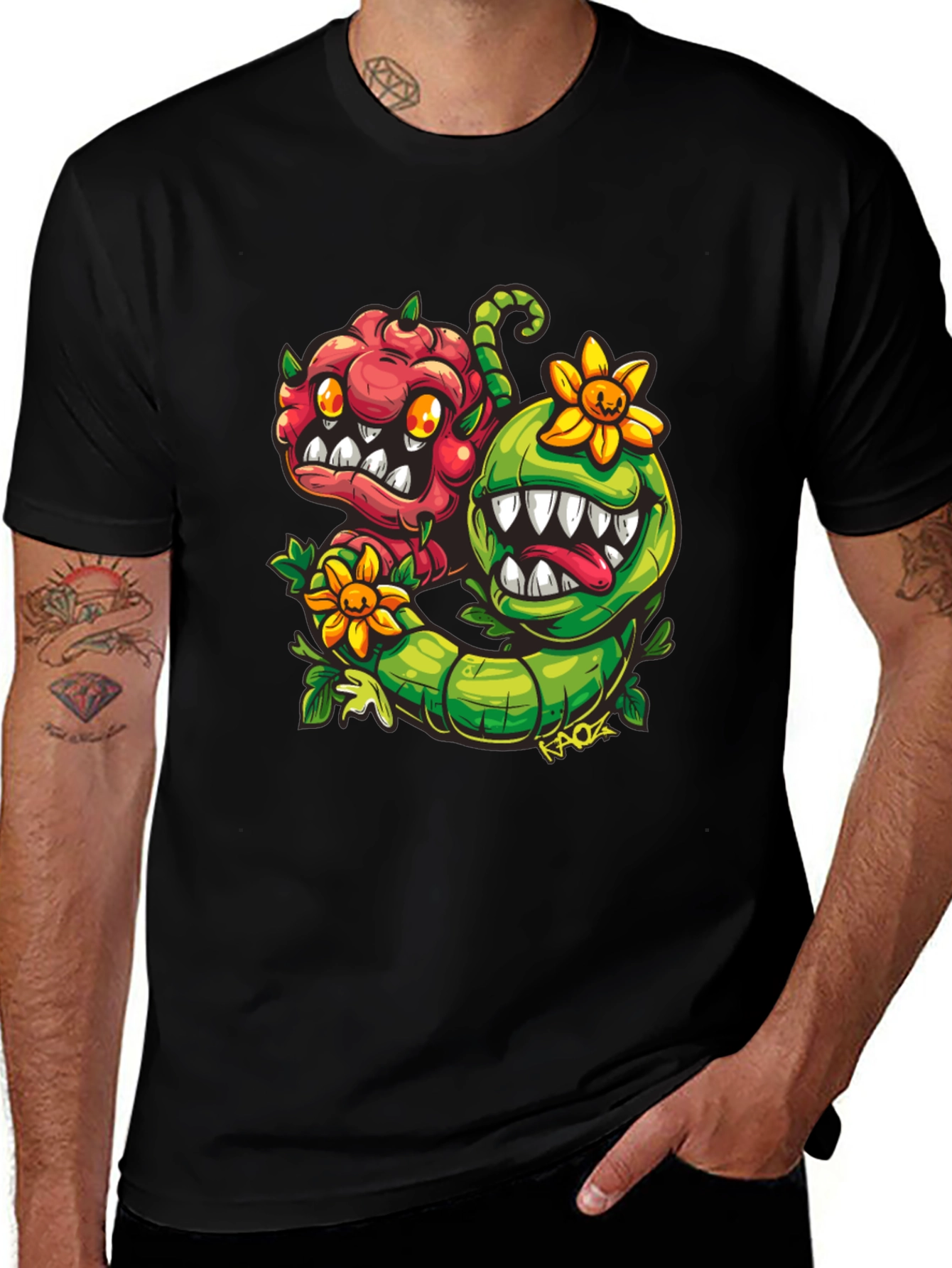 Cartoon Monster Plant T-Shirt - Black