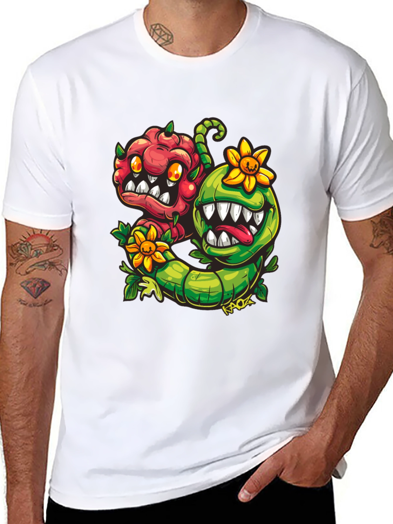 Cartoon Monster Plant T-Shirt - Black