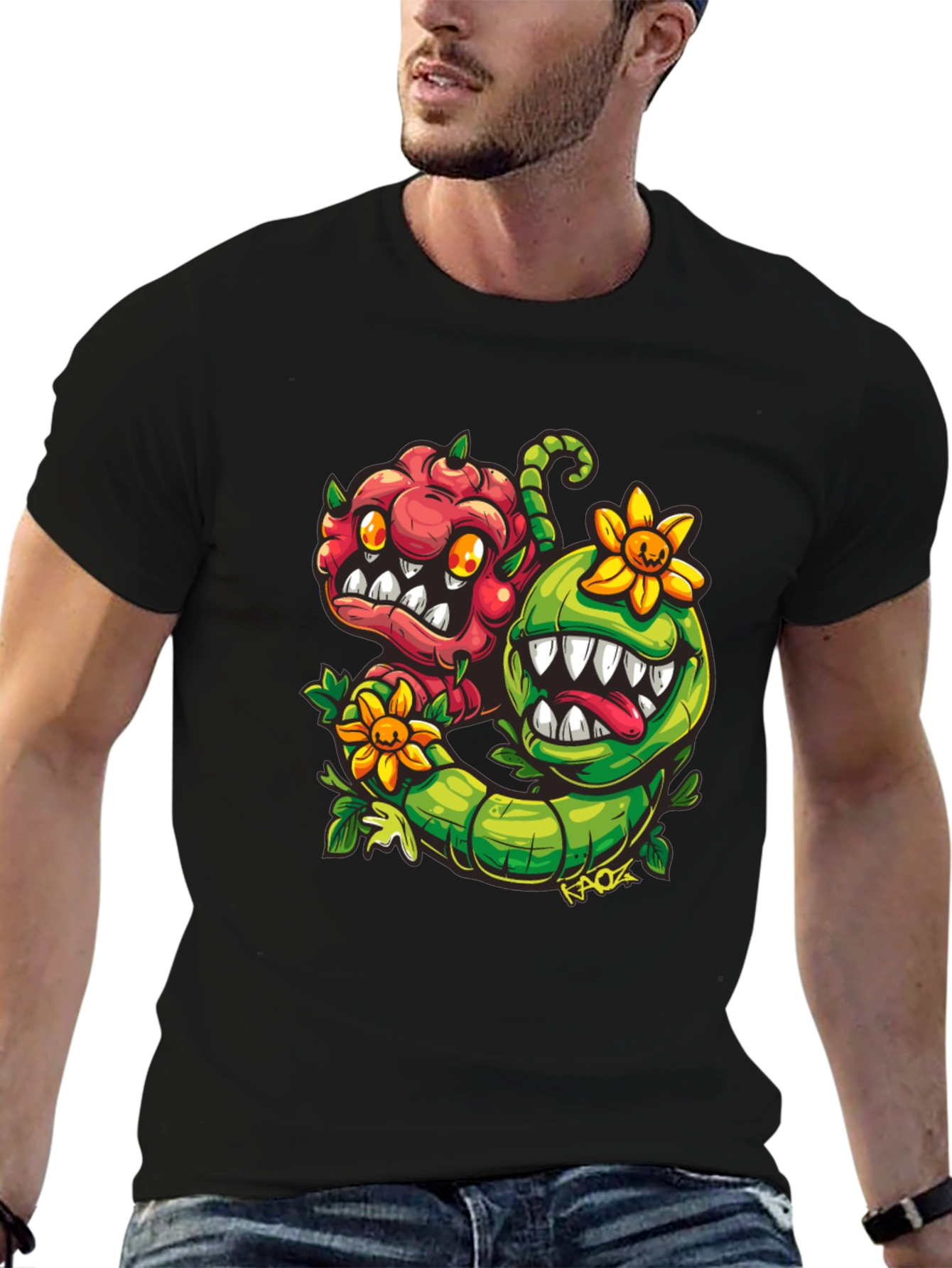 Cartoon Monster Plant T-Shirt - Black