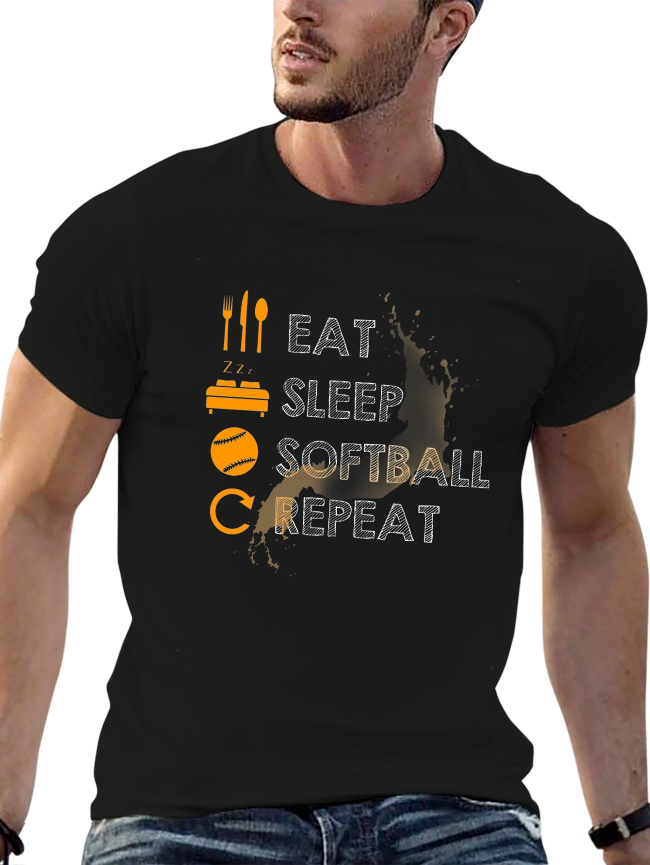 Eat Sleep Softball Repeat T-Shirt - Black Cotton Tee
