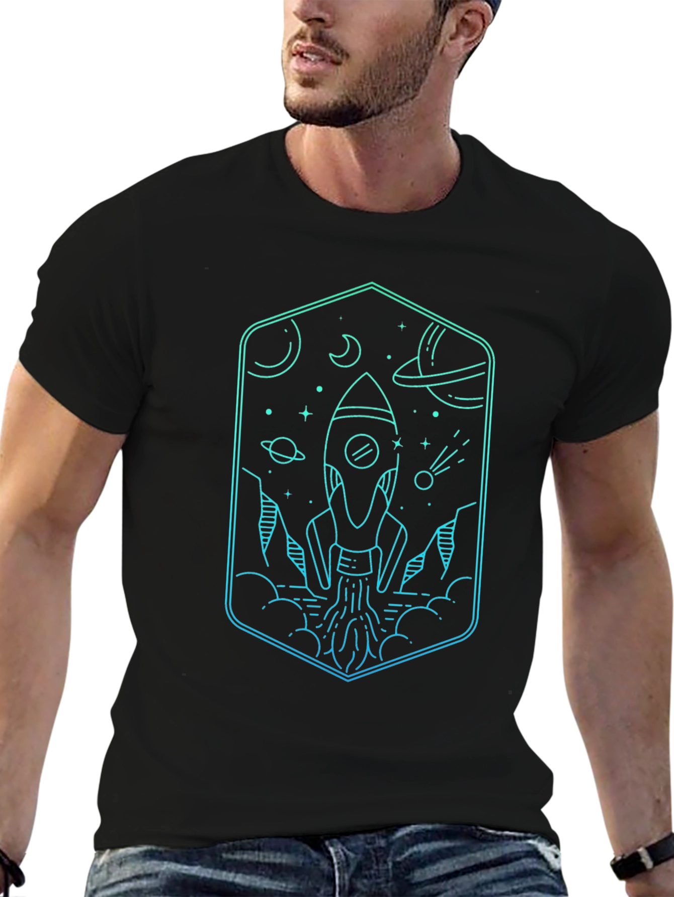 Space Rocket Graphic Tee - Black Cotton Blend