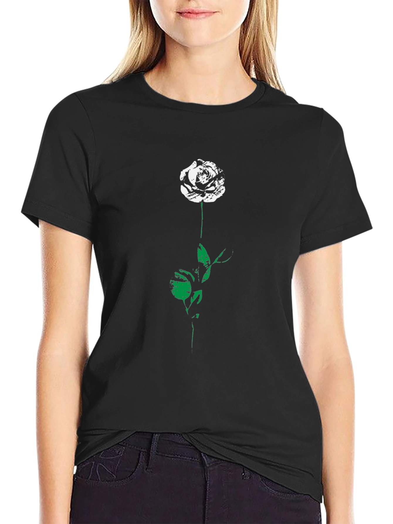Rose Graphic Tee - Black Cotton Blend Shirt