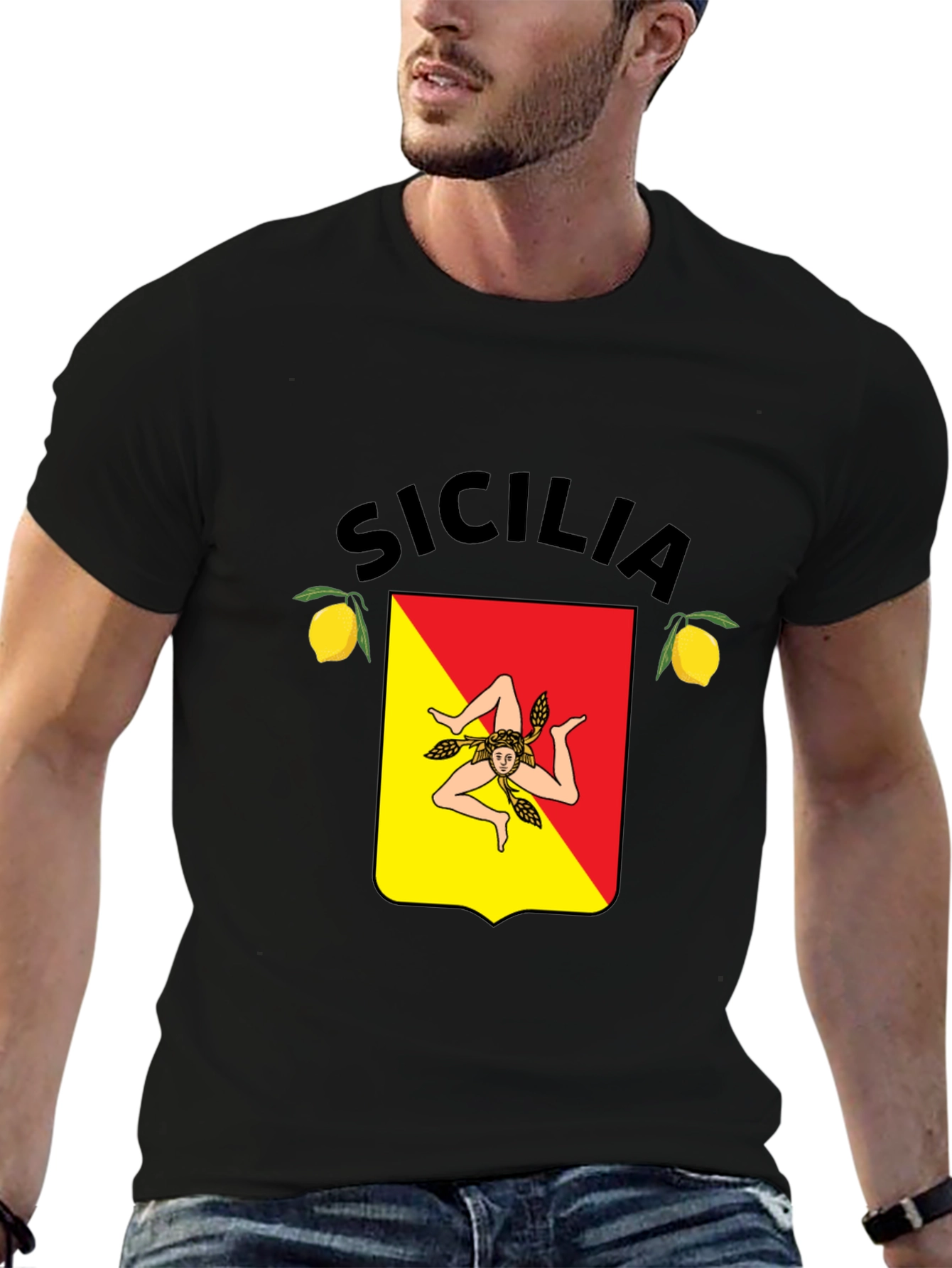 Sicilia Trinacria T-Shirt Black Cotton